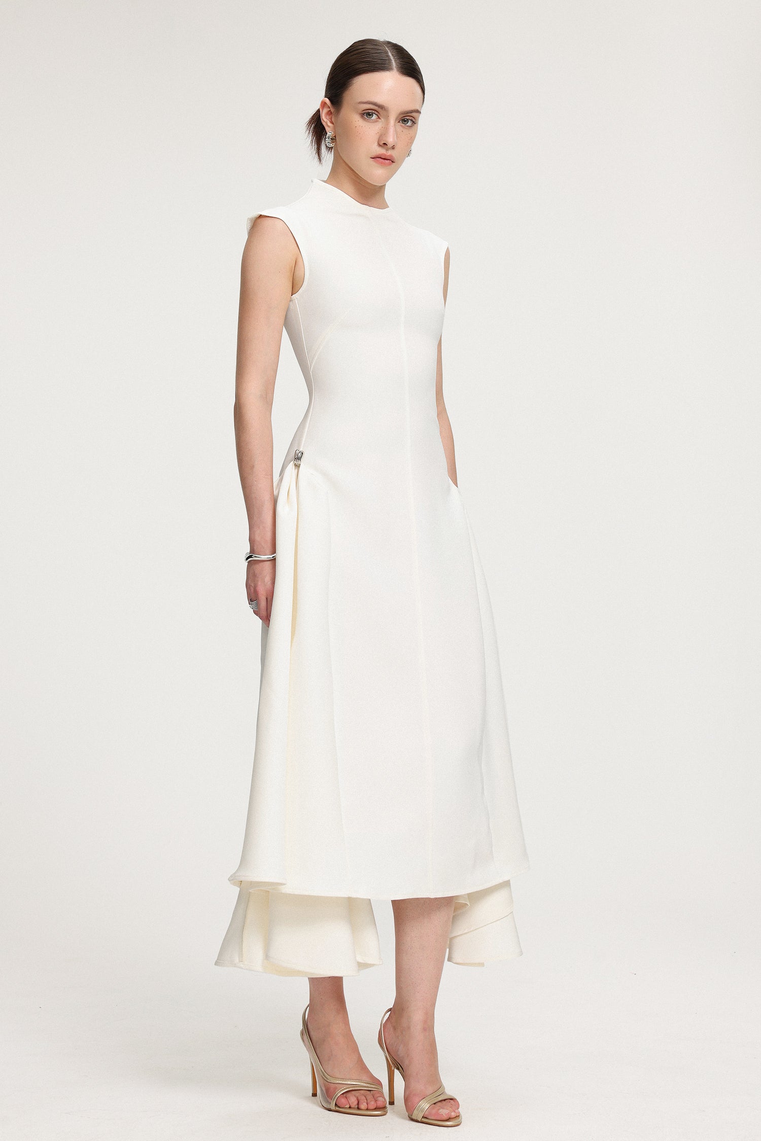 Asymmetric Hem Crepe Midi Dress	