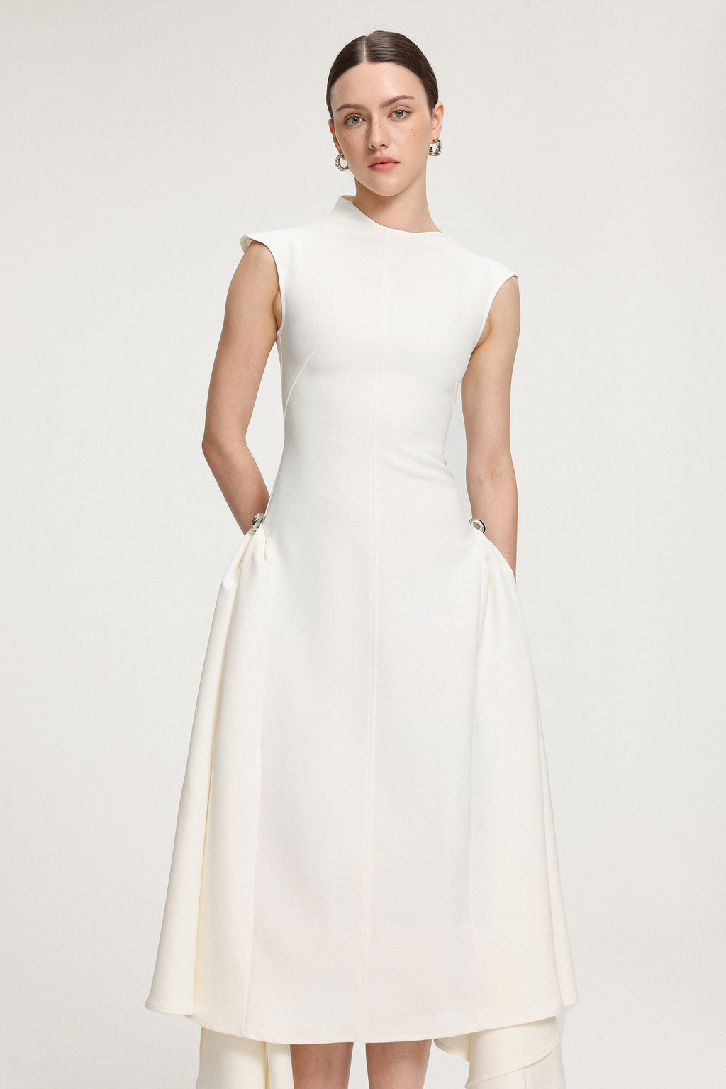 Asymmetric Hem Crepe Midi Dress	