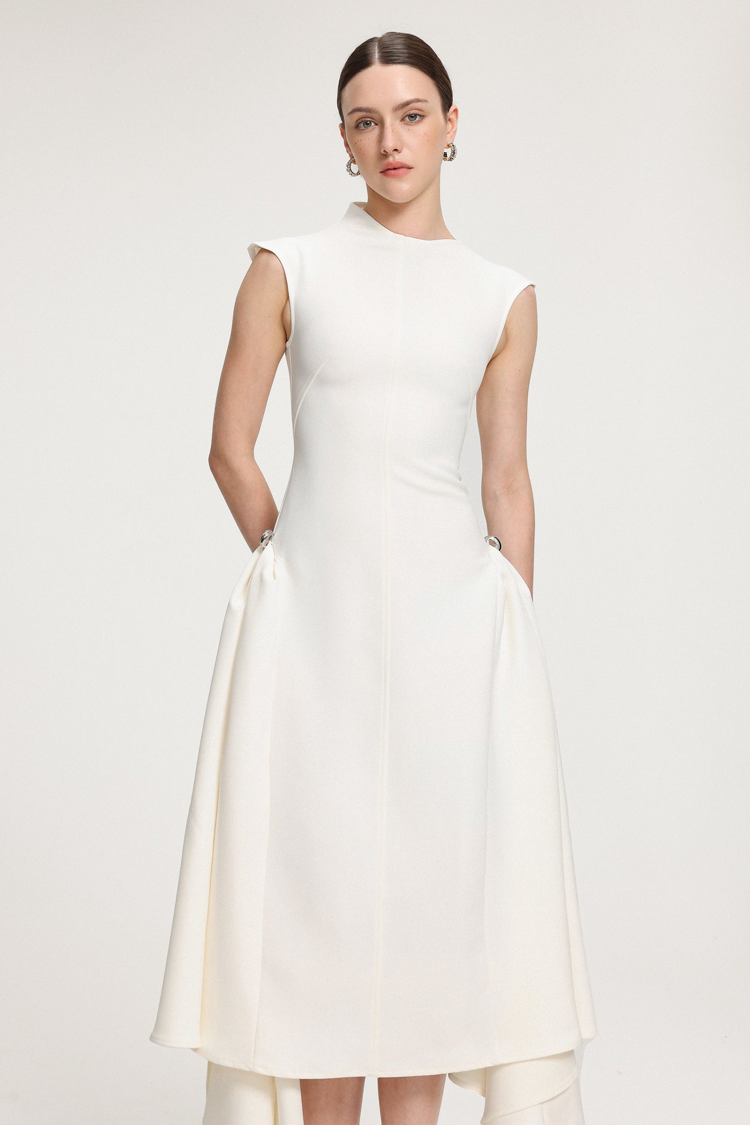Asymmetric Hem Crepe Midi Dress	