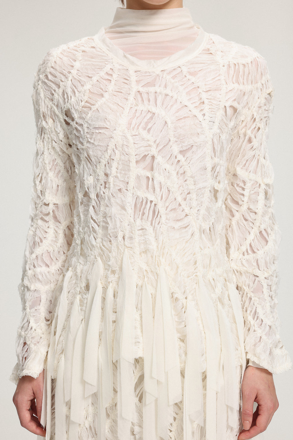 Textured Knit Long-Sleeve Top With Ribbon Details	