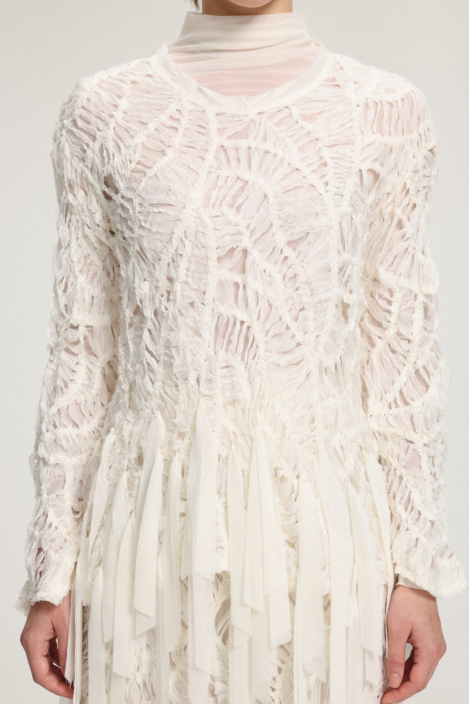 Textured Knit Long-Sleeve Top With Ribbon Details	