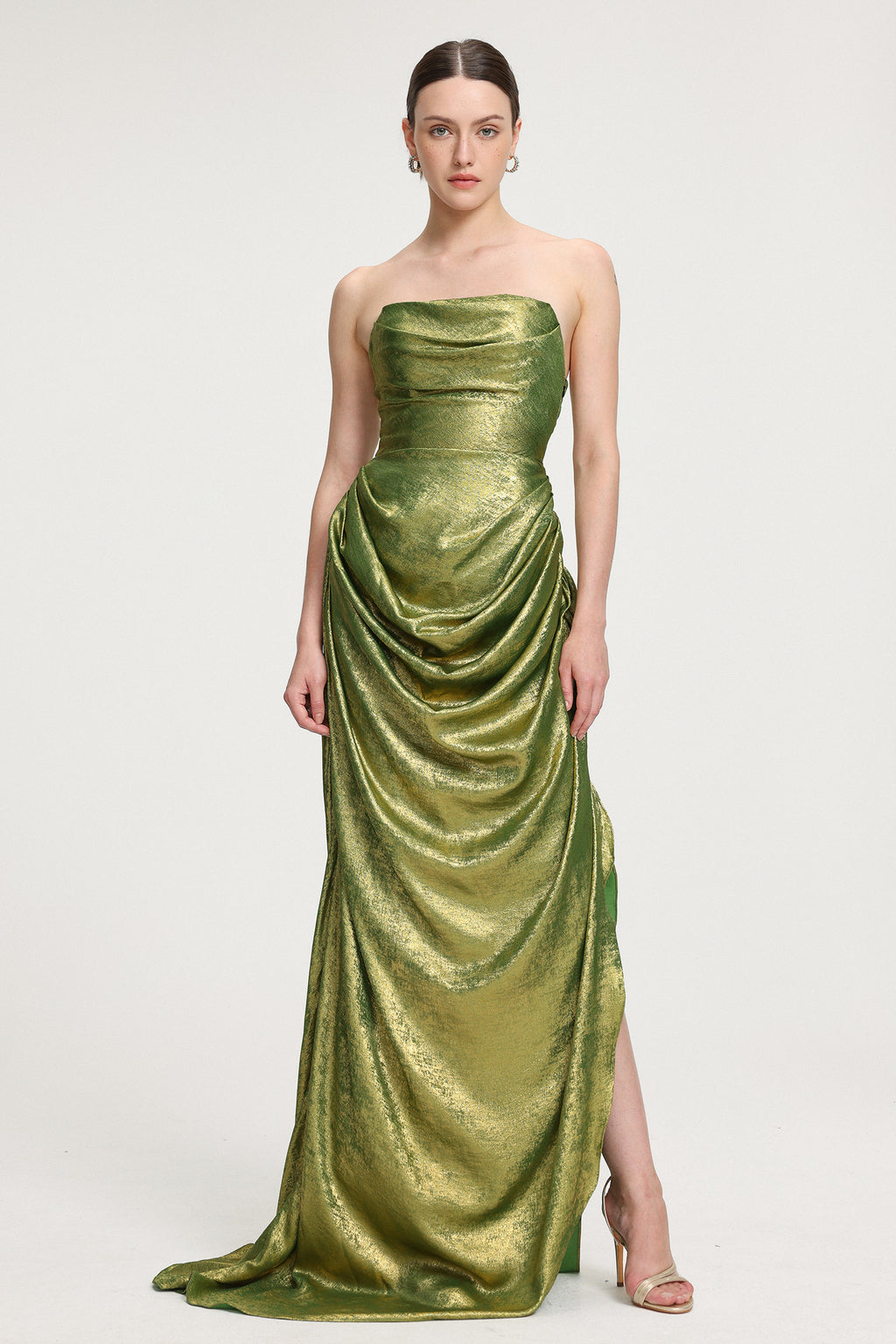 Draped Metallic Strapless Maxi Dress	
