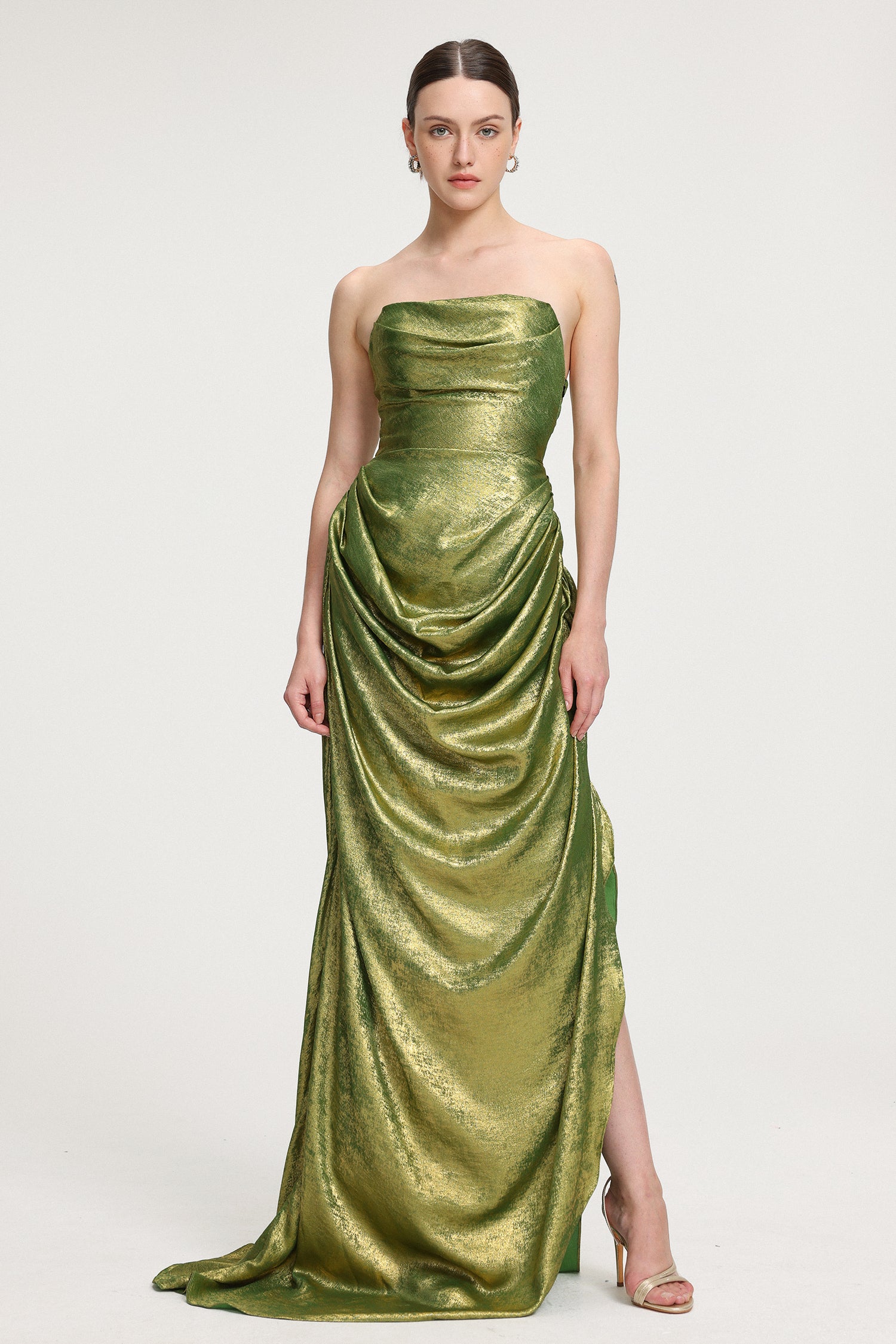 Draped Metallic Strapless Maxi Dress	
