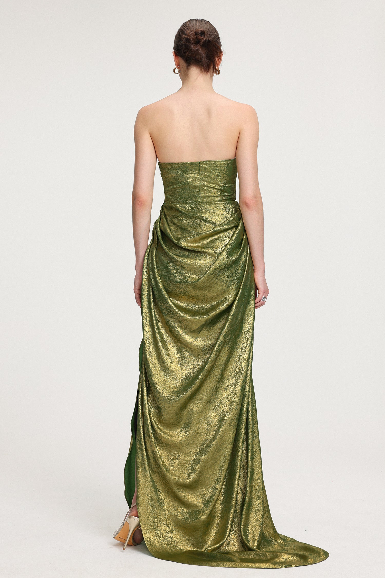 Draped Metallic Strapless Maxi Dress	