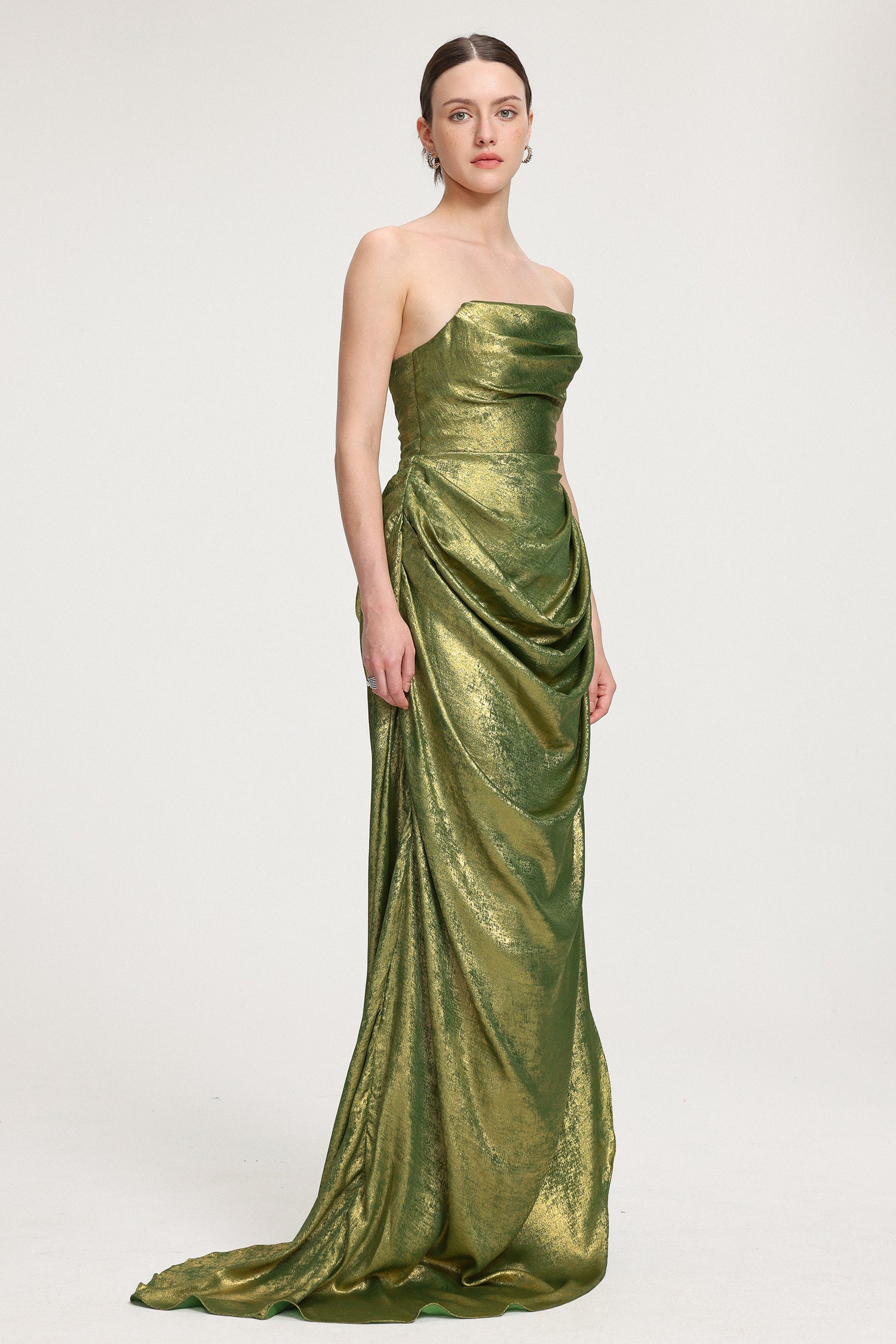 Draped Metallic Strapless Maxi Dress	