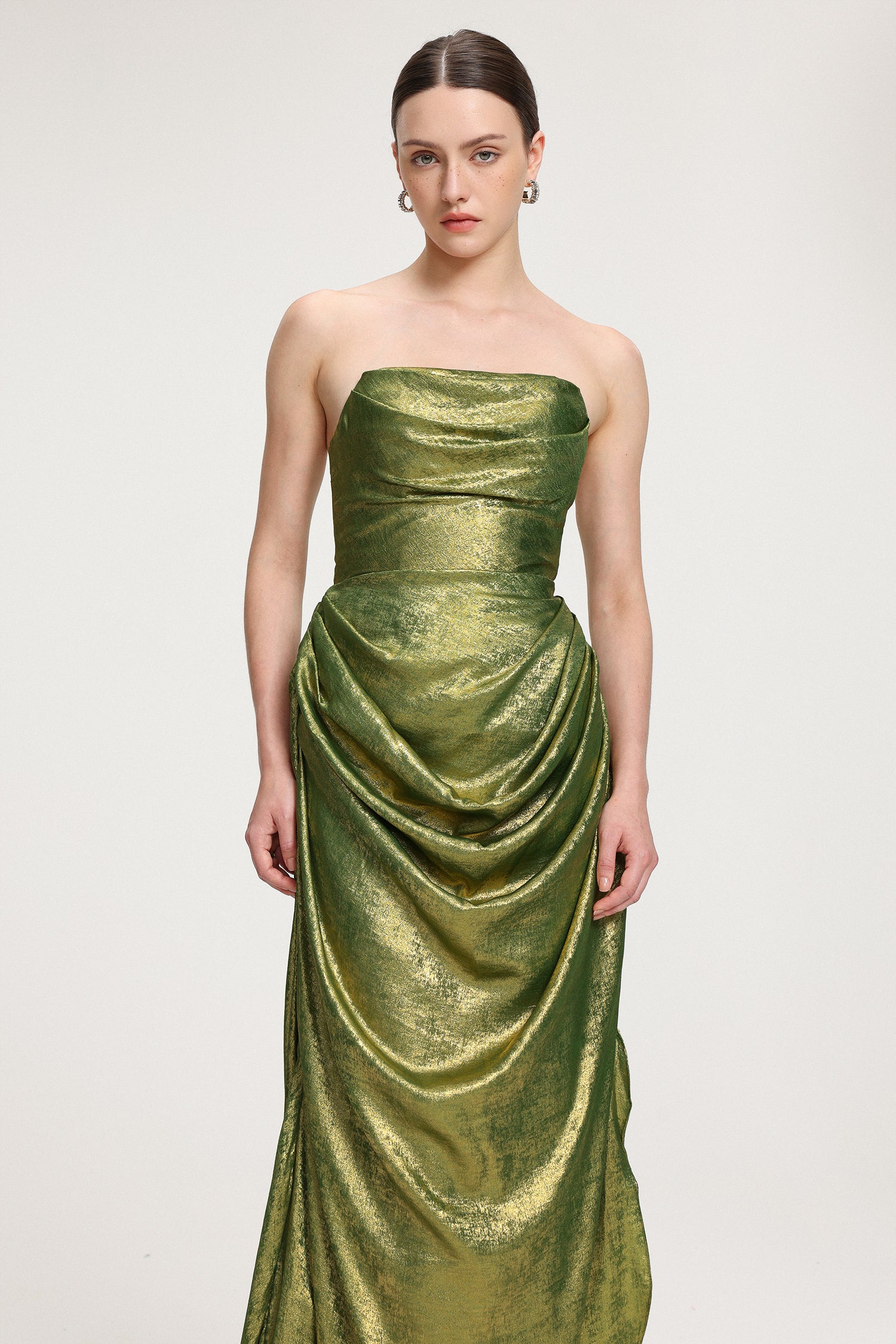 Draped Metallic Strapless Maxi Dress	