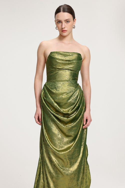 Draped Metallic Strapless Maxi Dress	
