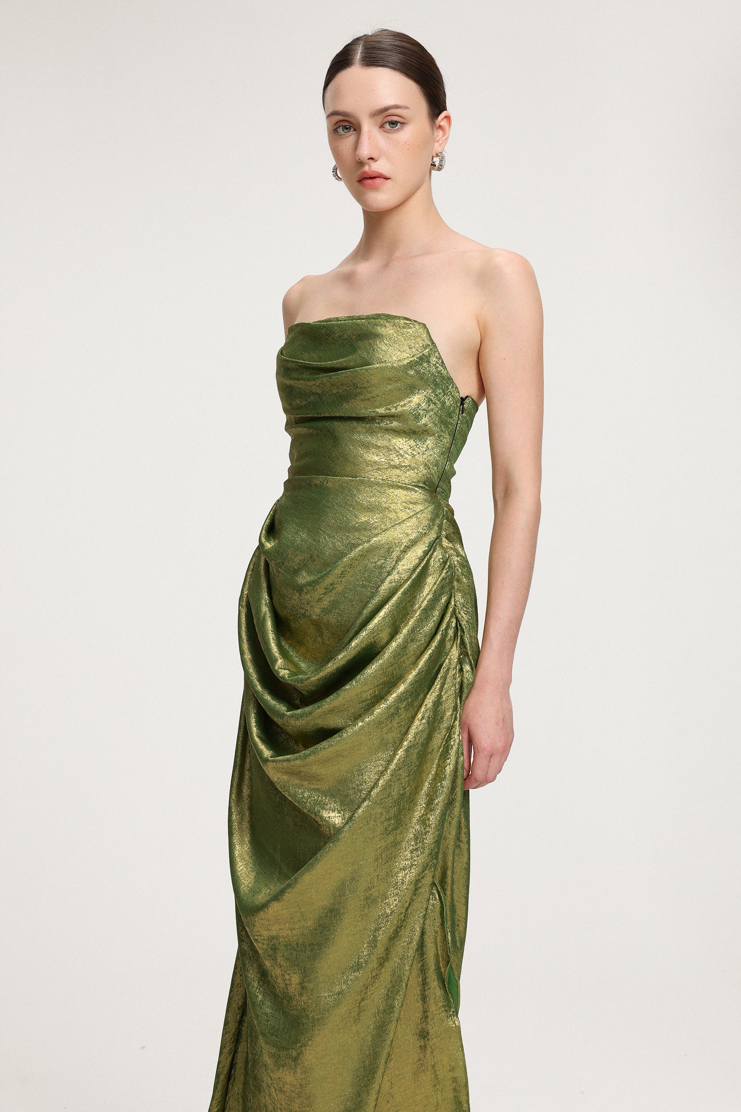 Draped Metallic Strapless Maxi Dress	
