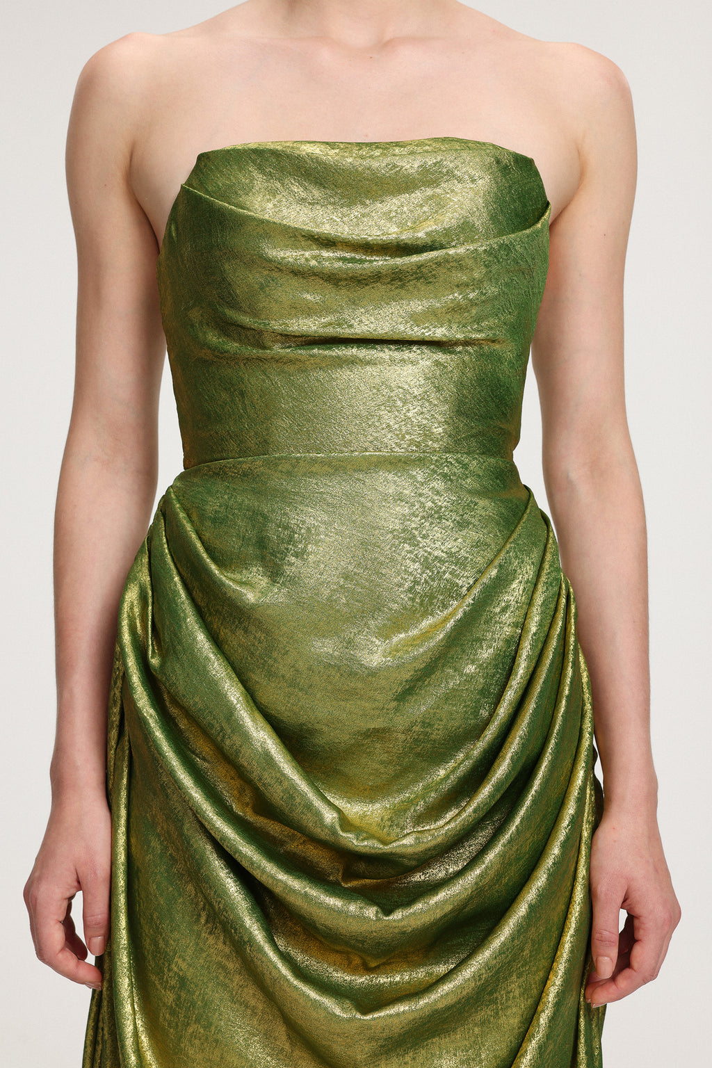 Draped Metallic Strapless Maxi Dress	