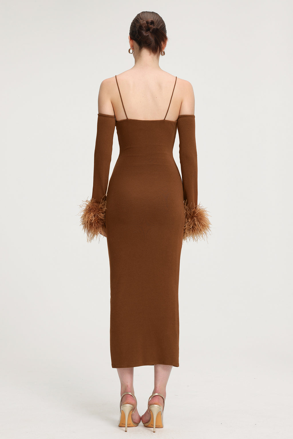 Feather-Cuffed Knit Midi Dress	