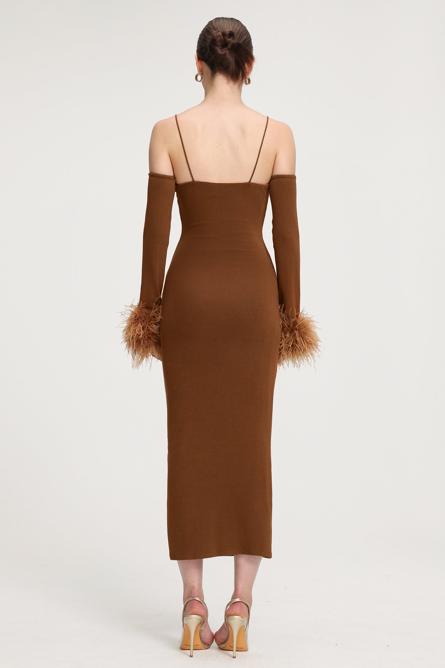 Feather-Cuffed Knit Midi Dress	