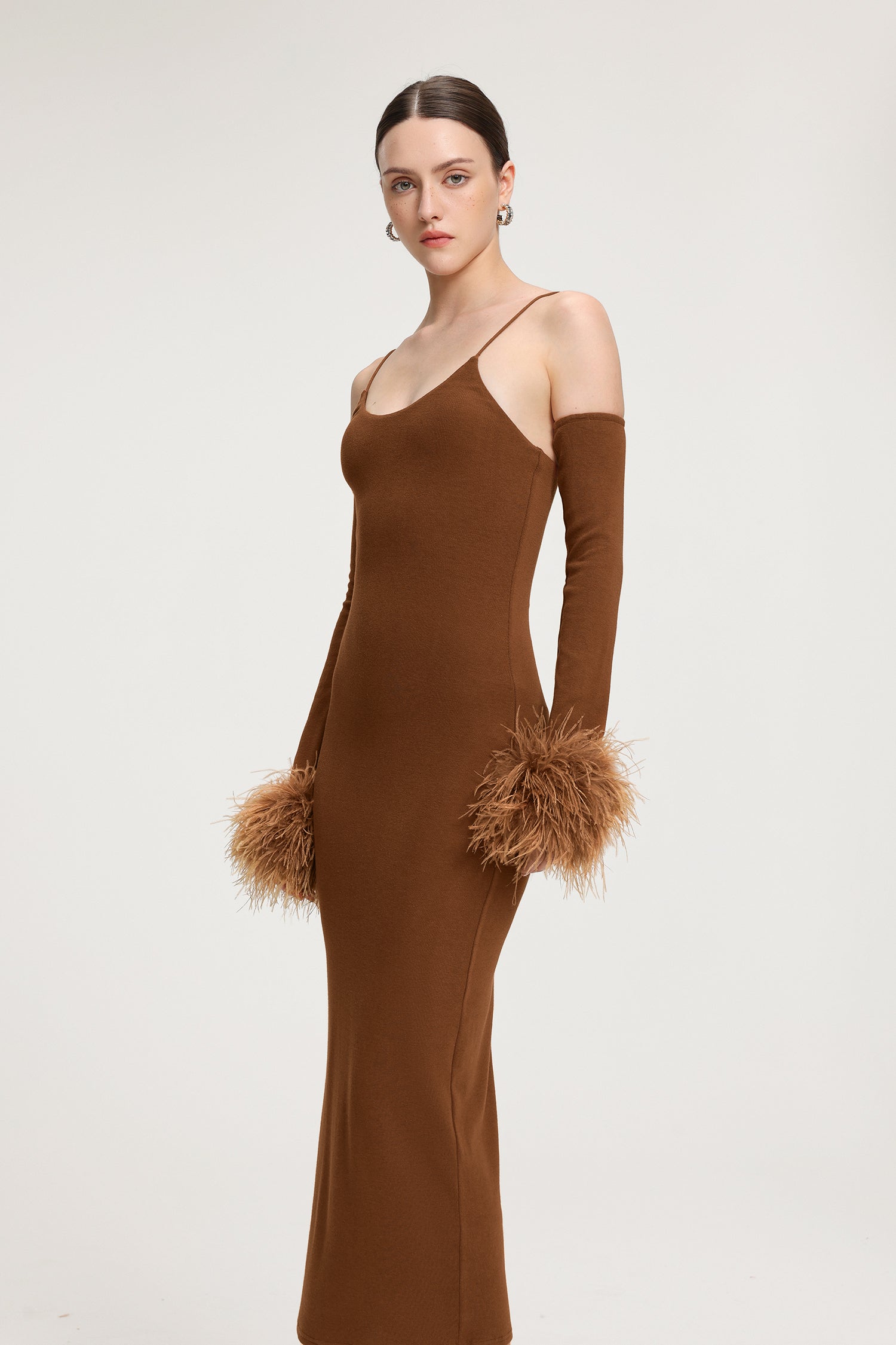 Feather-Cuffed Knit Midi Dress	