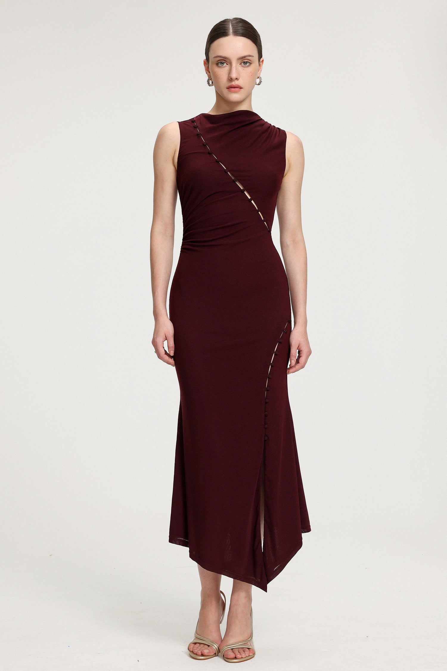 Asymmetric Ruched Sit Jersey Midi Dress	