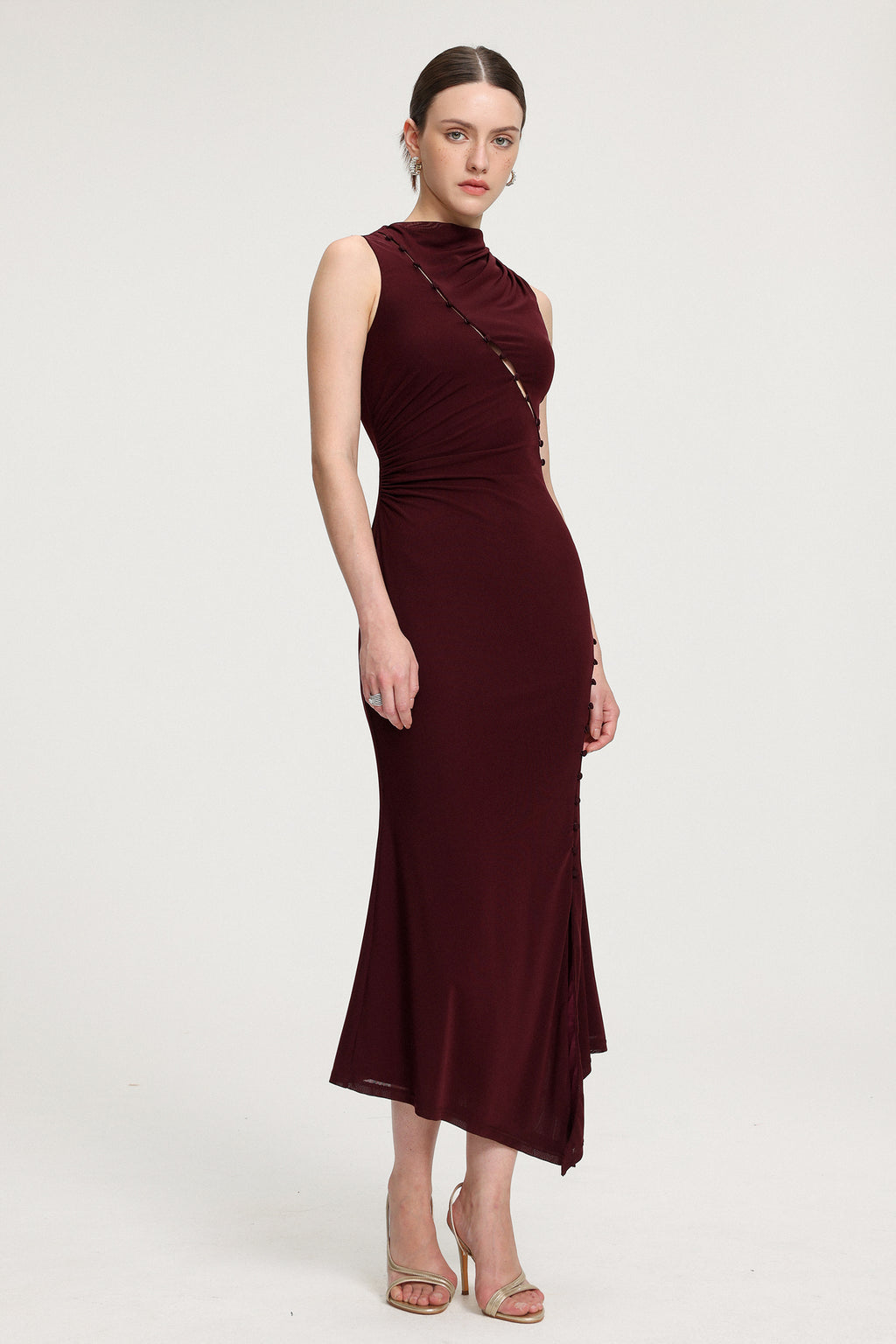 Asymmetric Ruched Sit Jersey Midi Dress	