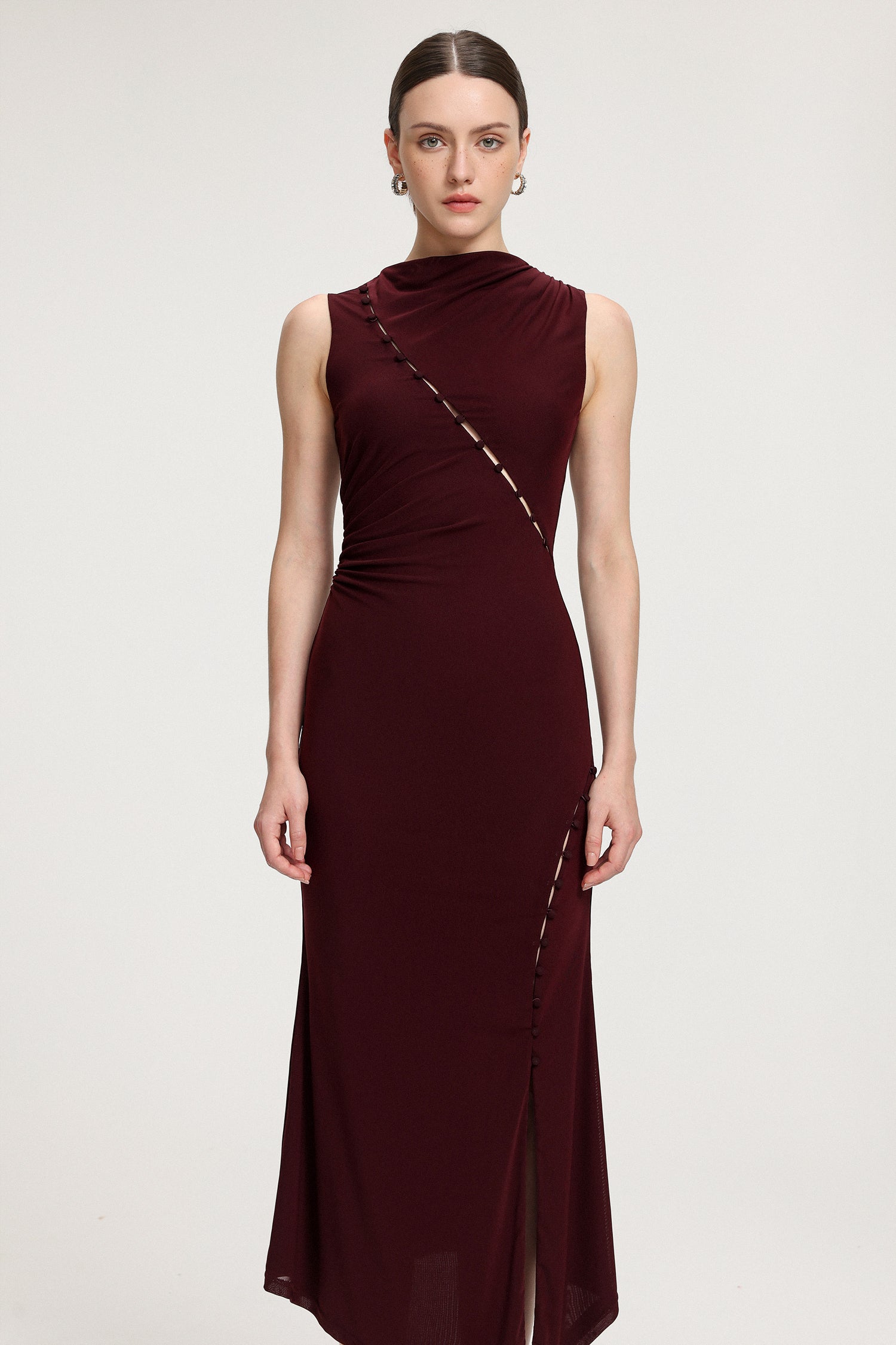 Asymmetric Ruched Sit Jersey Midi Dress	
