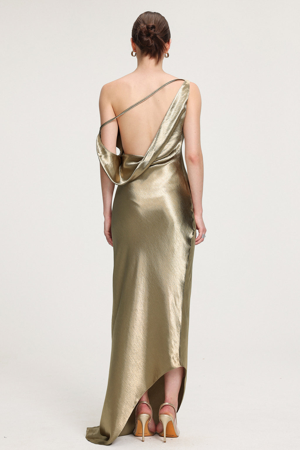 One-Shoulder Draped Metallic Satin Maxi Dress	