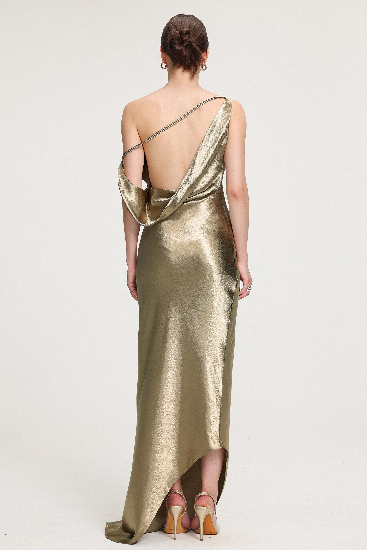 One-Shoulder Draped Metallic Satin Maxi Dress	