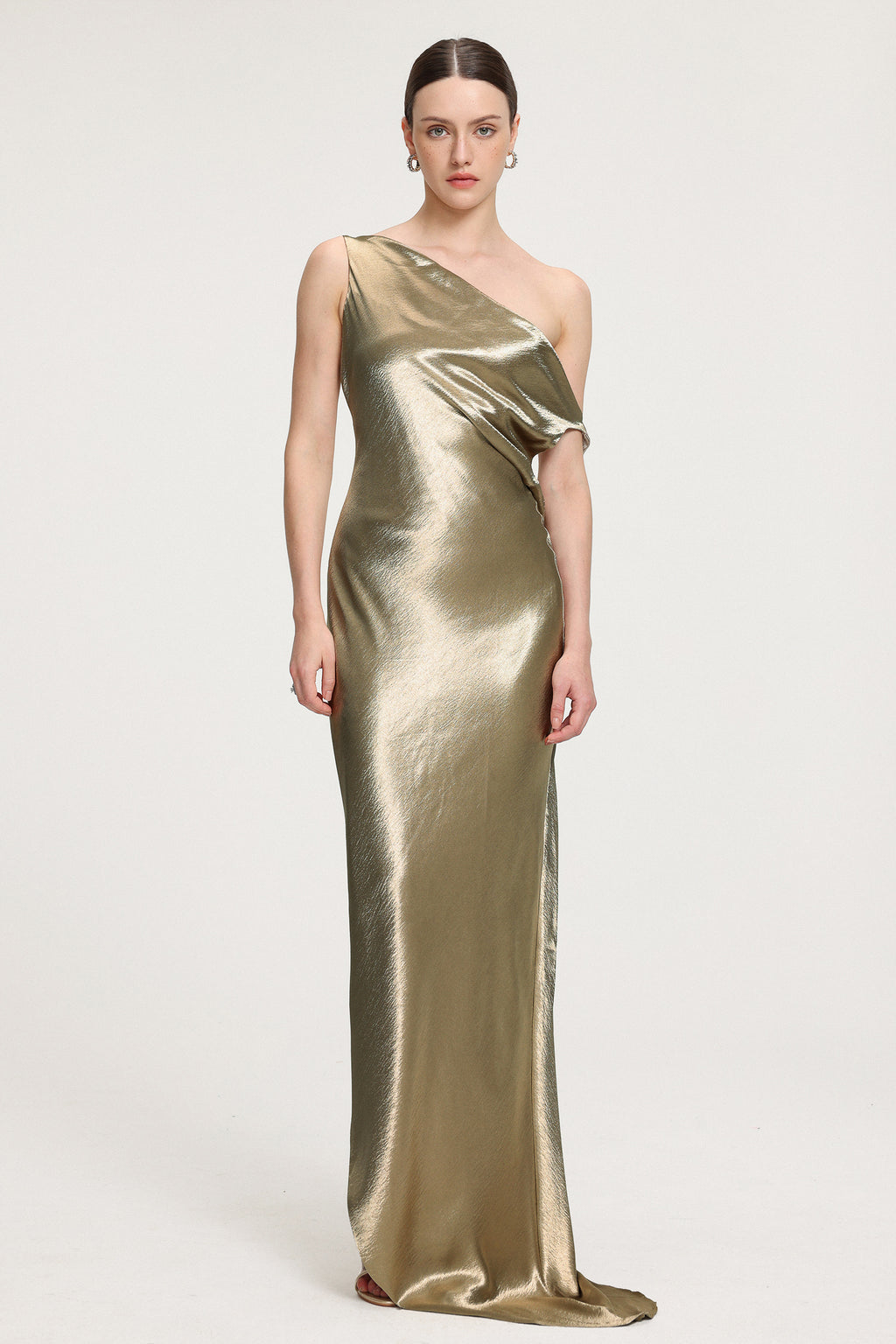 One-Shoulder Draped Metallic Satin Maxi Dress	