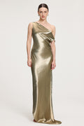 One-Shoulder Draped Metallic Satin Maxi Dress	