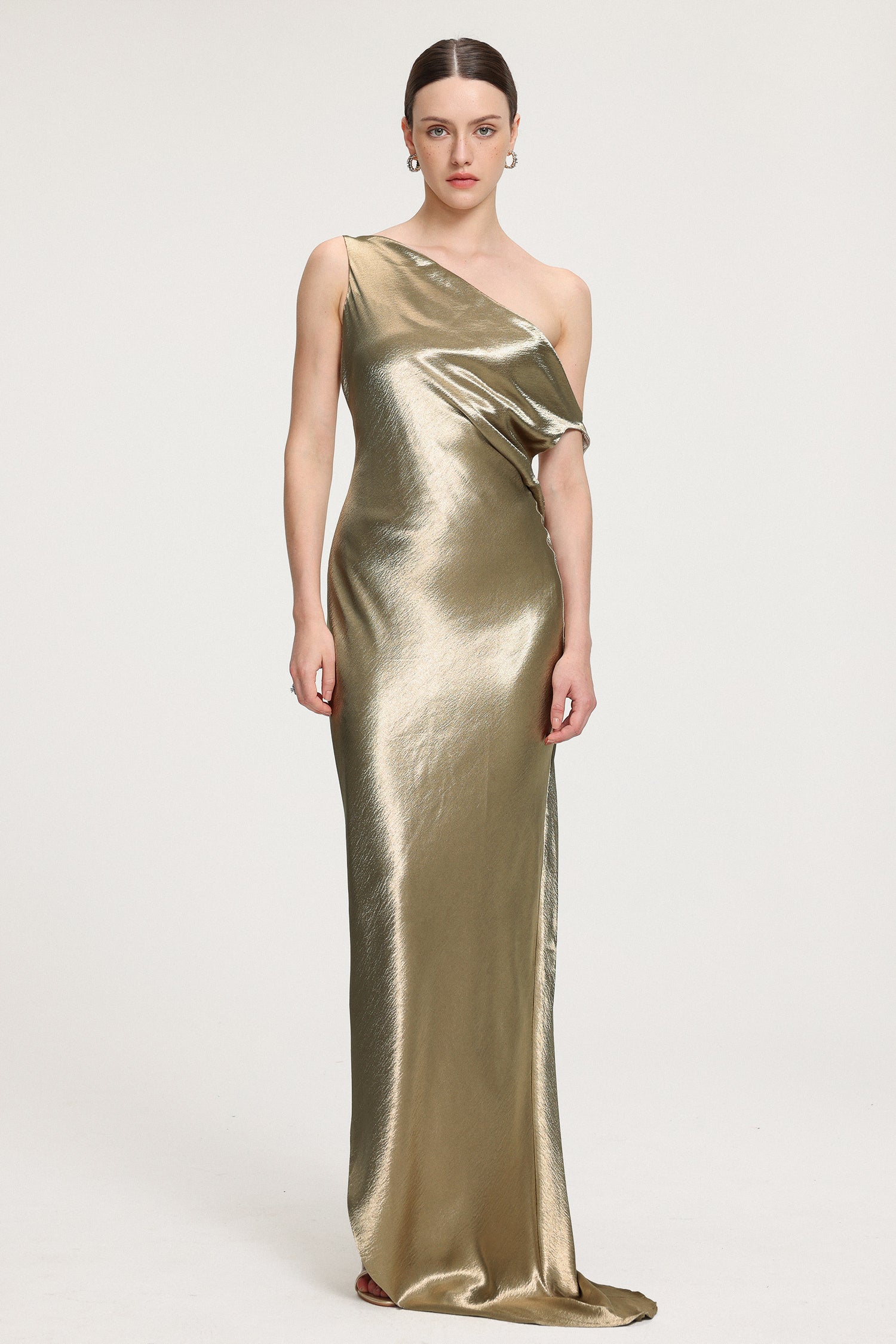 One-Shoulder Draped Metallic Satin Maxi Dress	