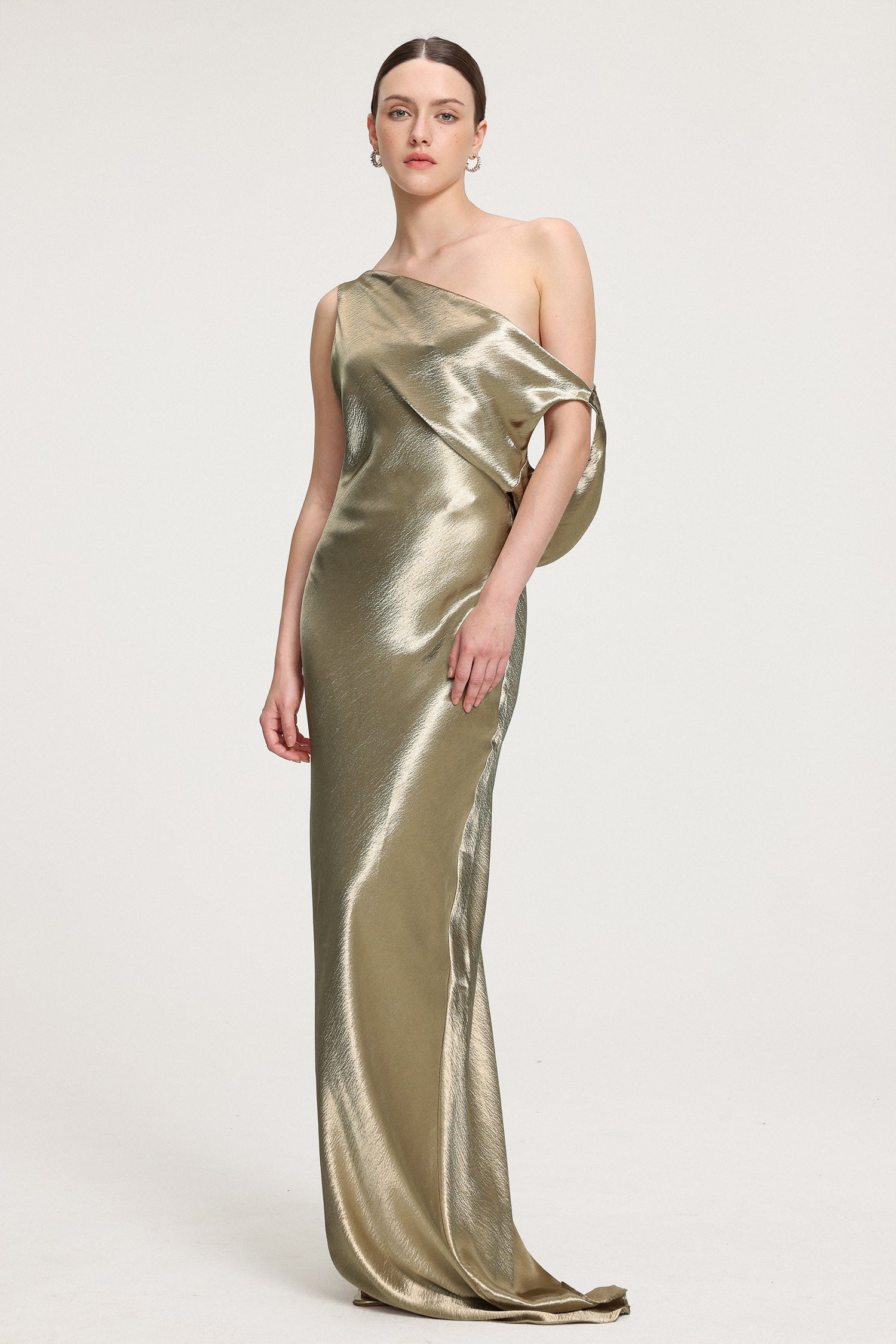 One-Shoulder Draped Metallic Satin Maxi Dress	