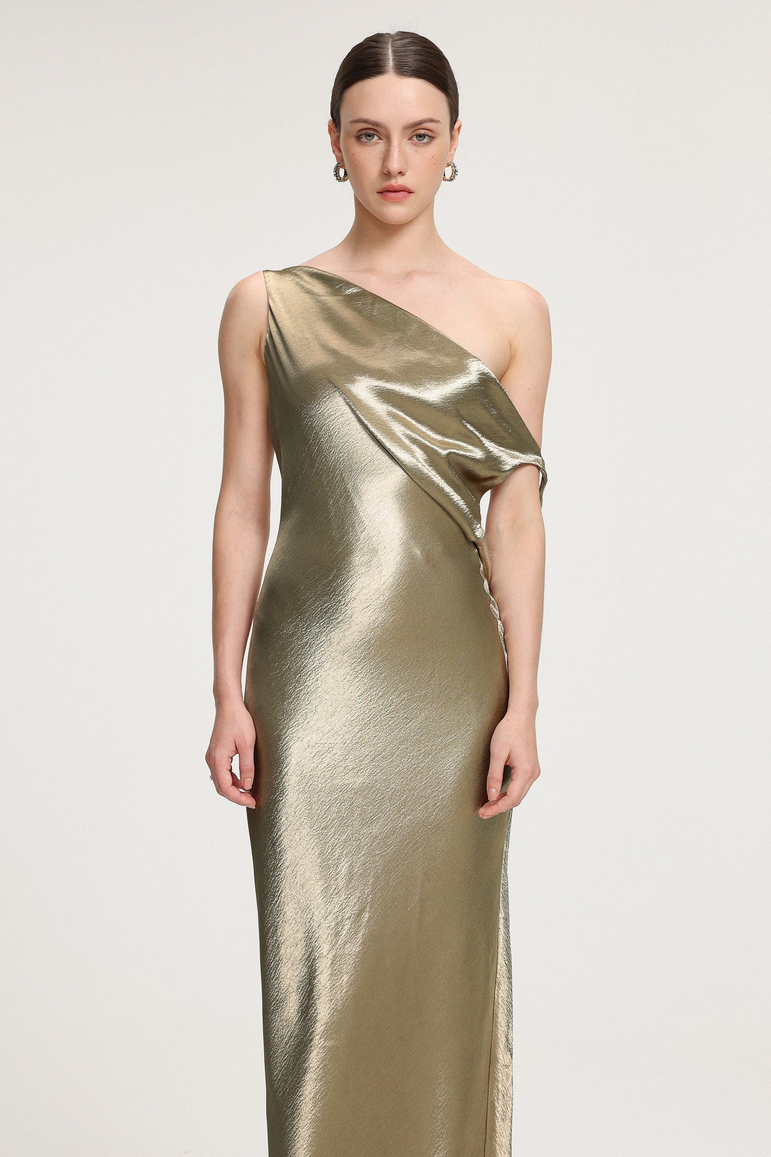 One-Shoulder Draped Metallic Satin Maxi Dress	