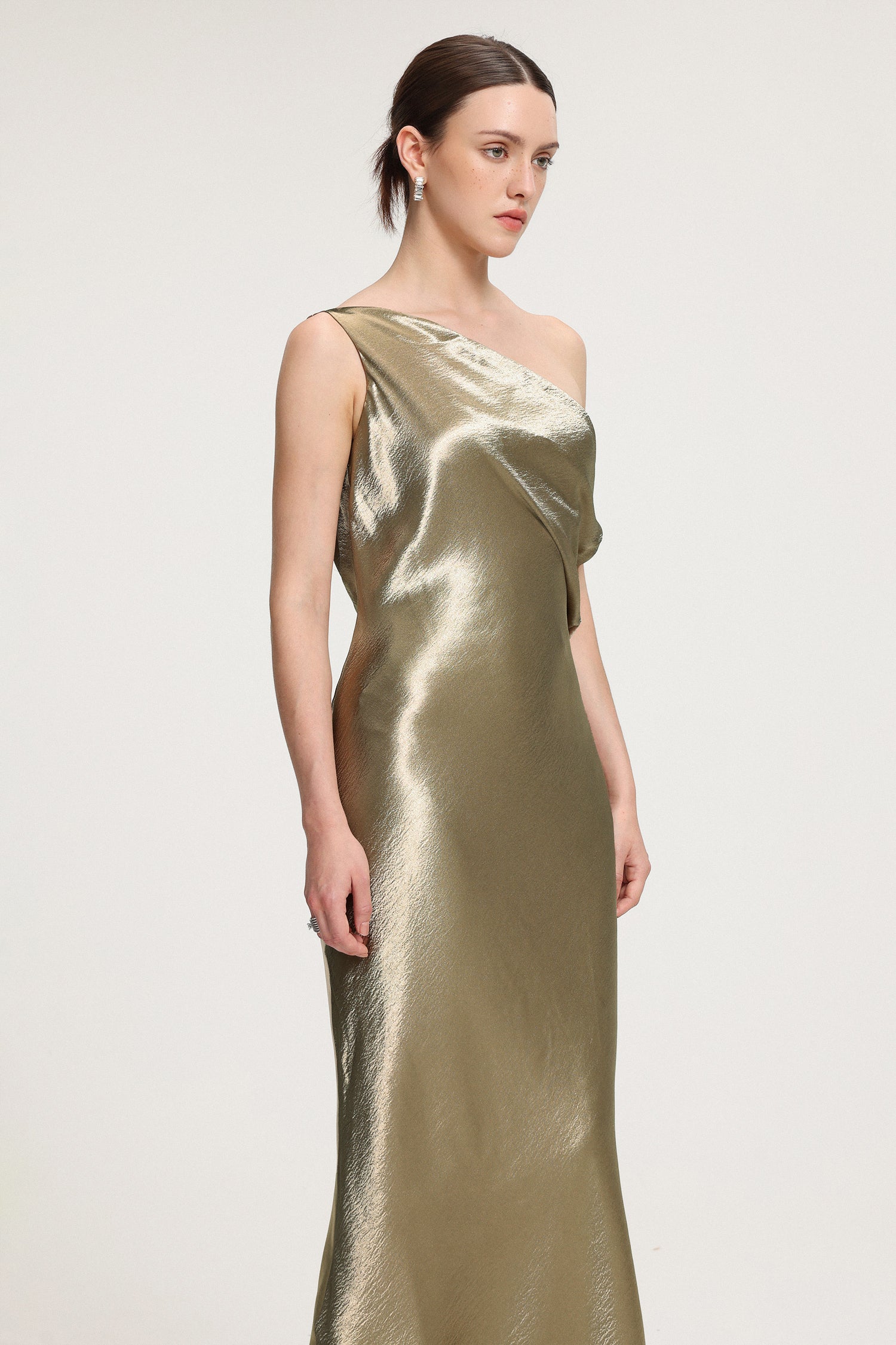 One-Shoulder Draped Metallic Satin Maxi Dress	