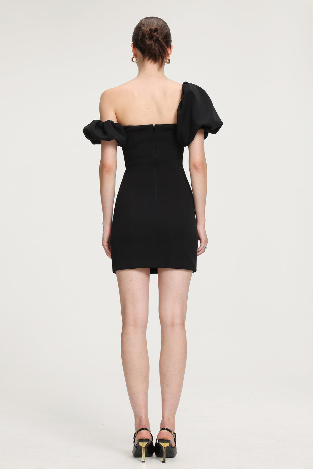 Asymmetric Puff - Sleeve Crepe Mini Dress	