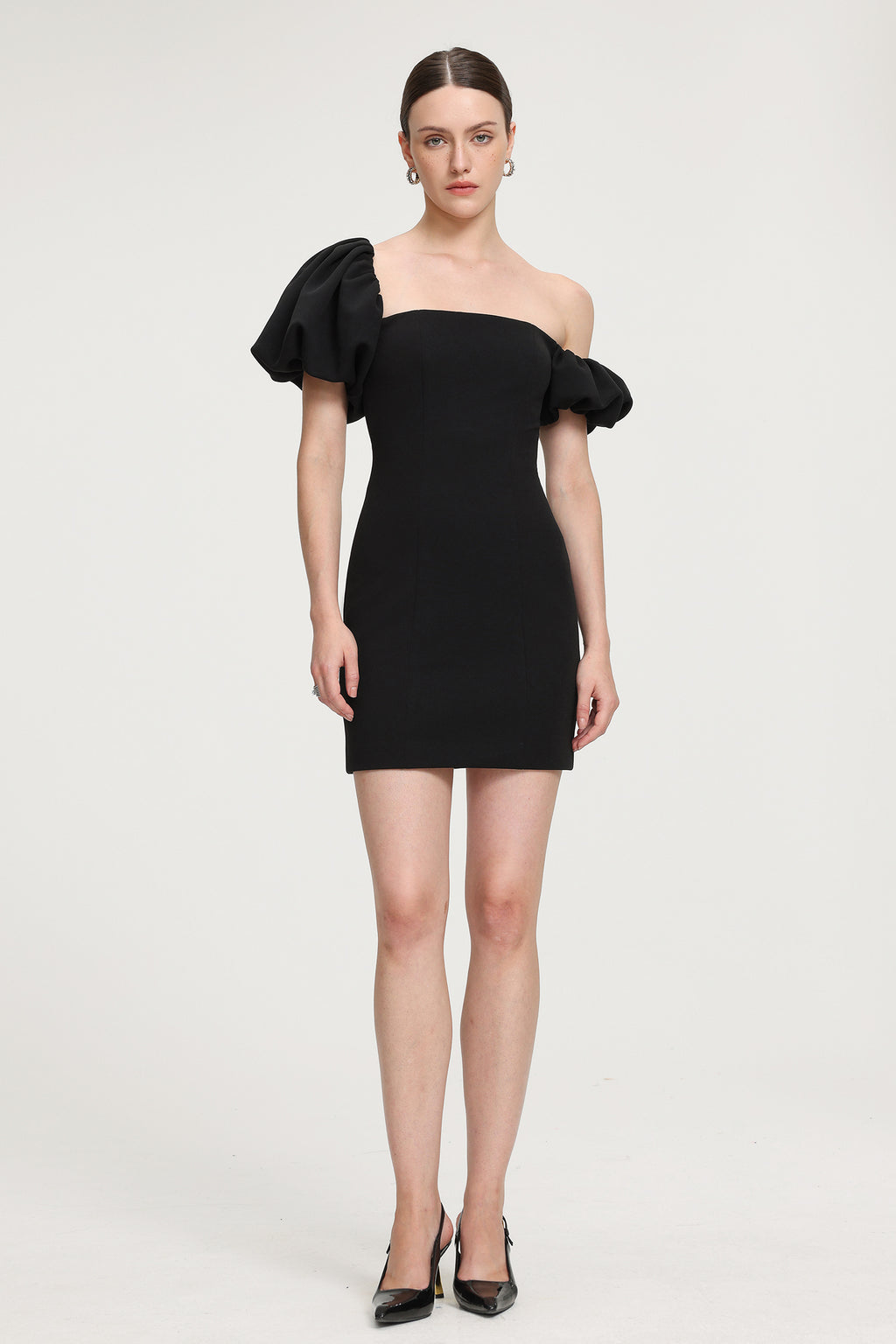 Asymmetric Puff - Sleeve Crepe Mini Dress	