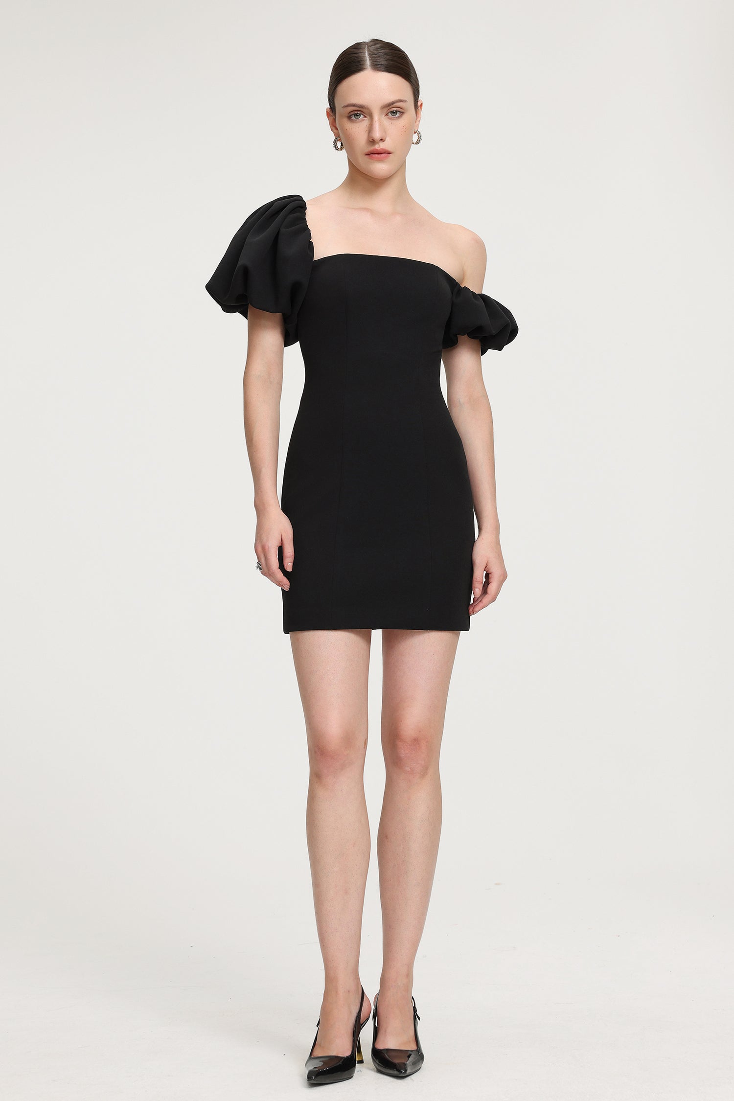 Asymmetric Puff - Sleeve Crepe Mini Dress	