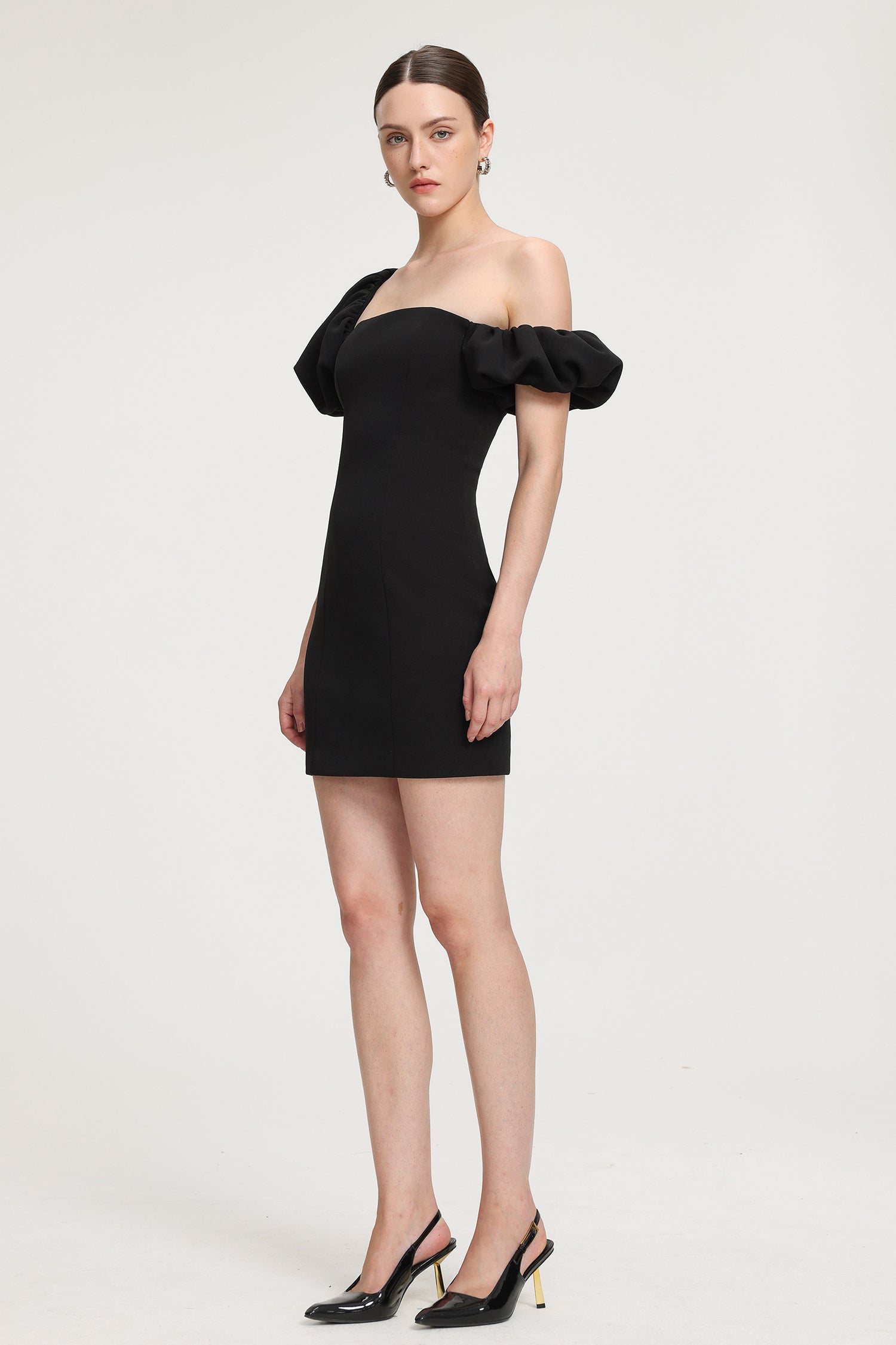 Asymmetric Puff - Sleeve Crepe Mini Dress	