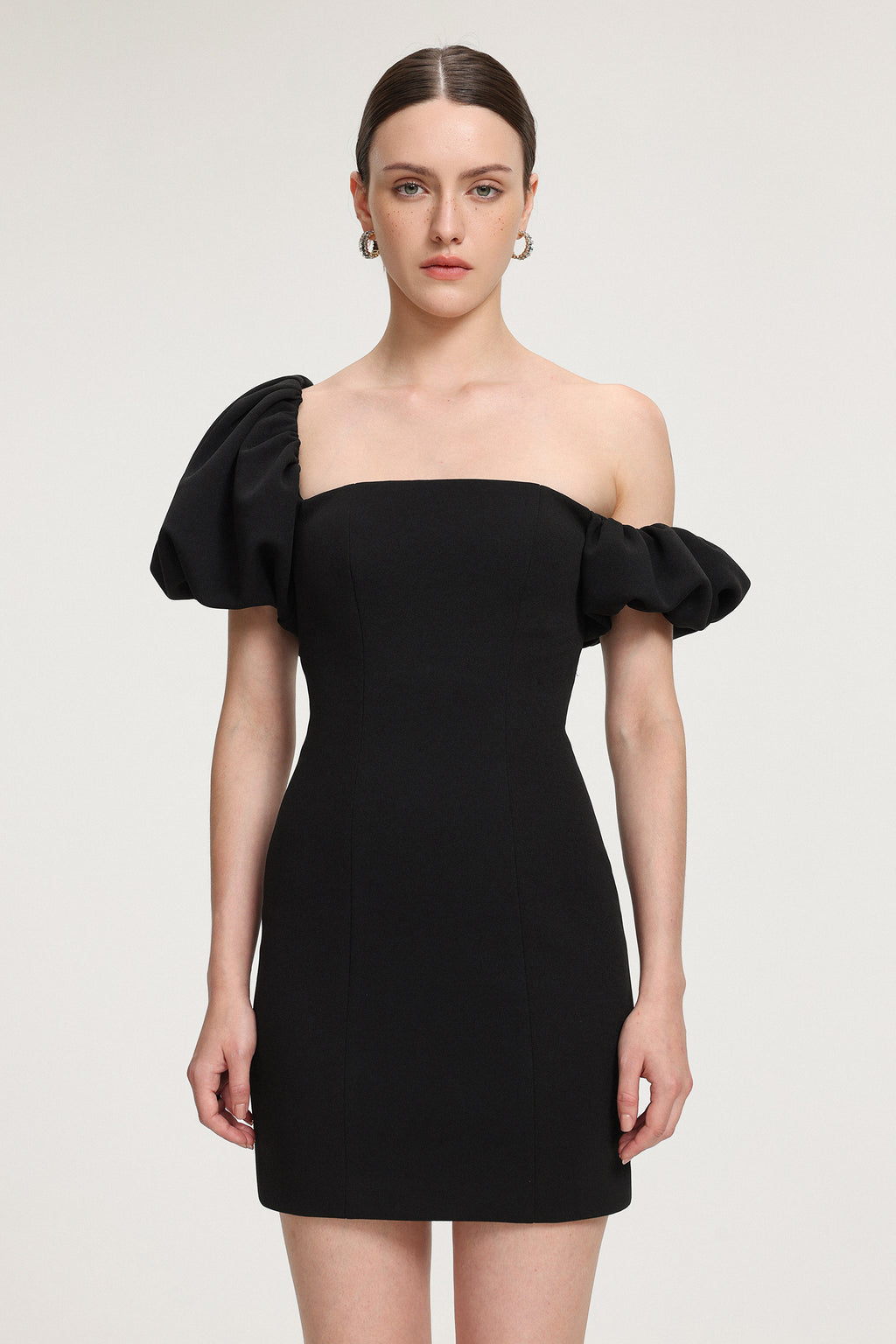Asymmetric Puff - Sleeve Crepe Mini Dress	