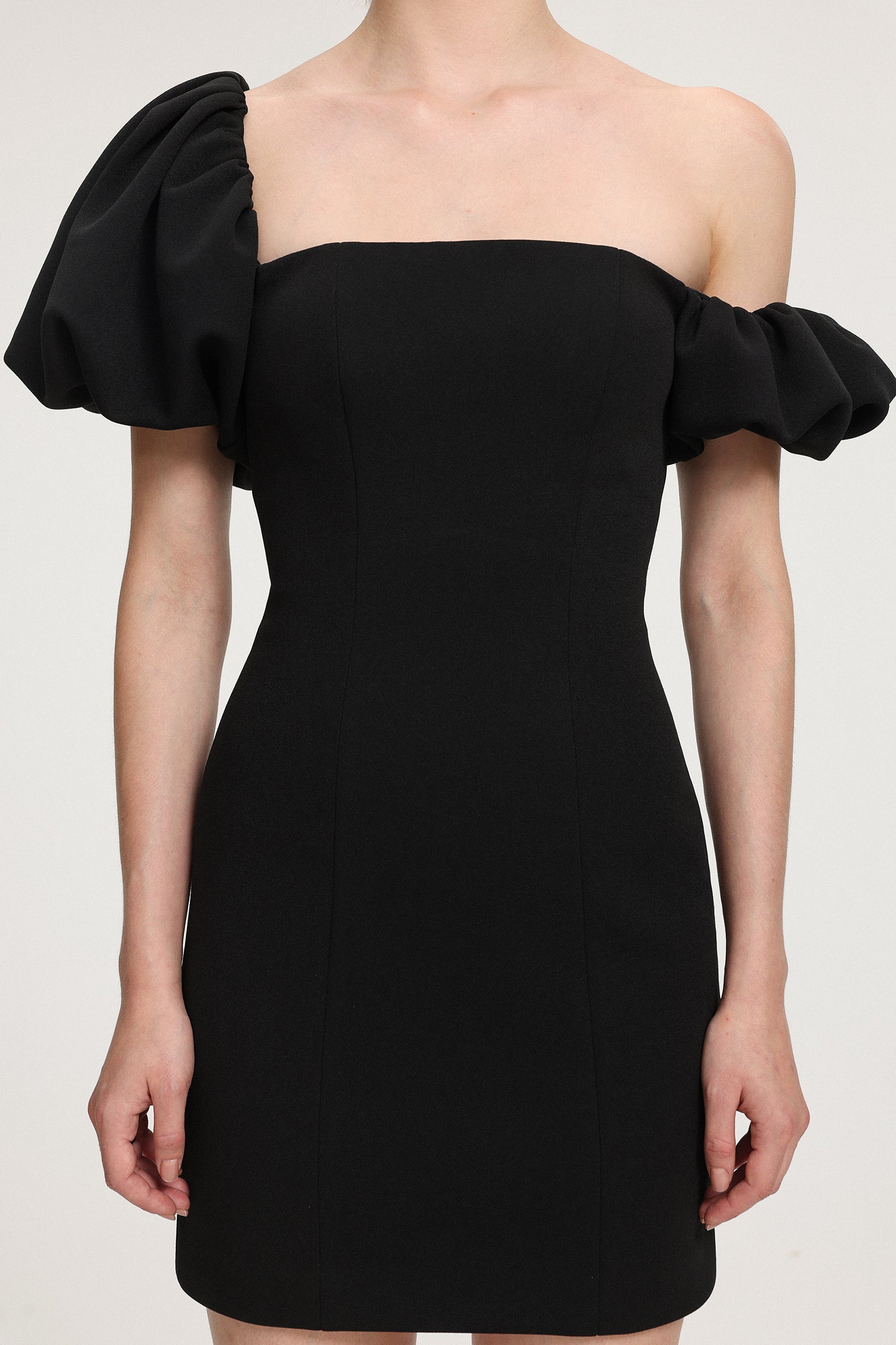 Asymmetric Puff - Sleeve Crepe Mini Dress	
