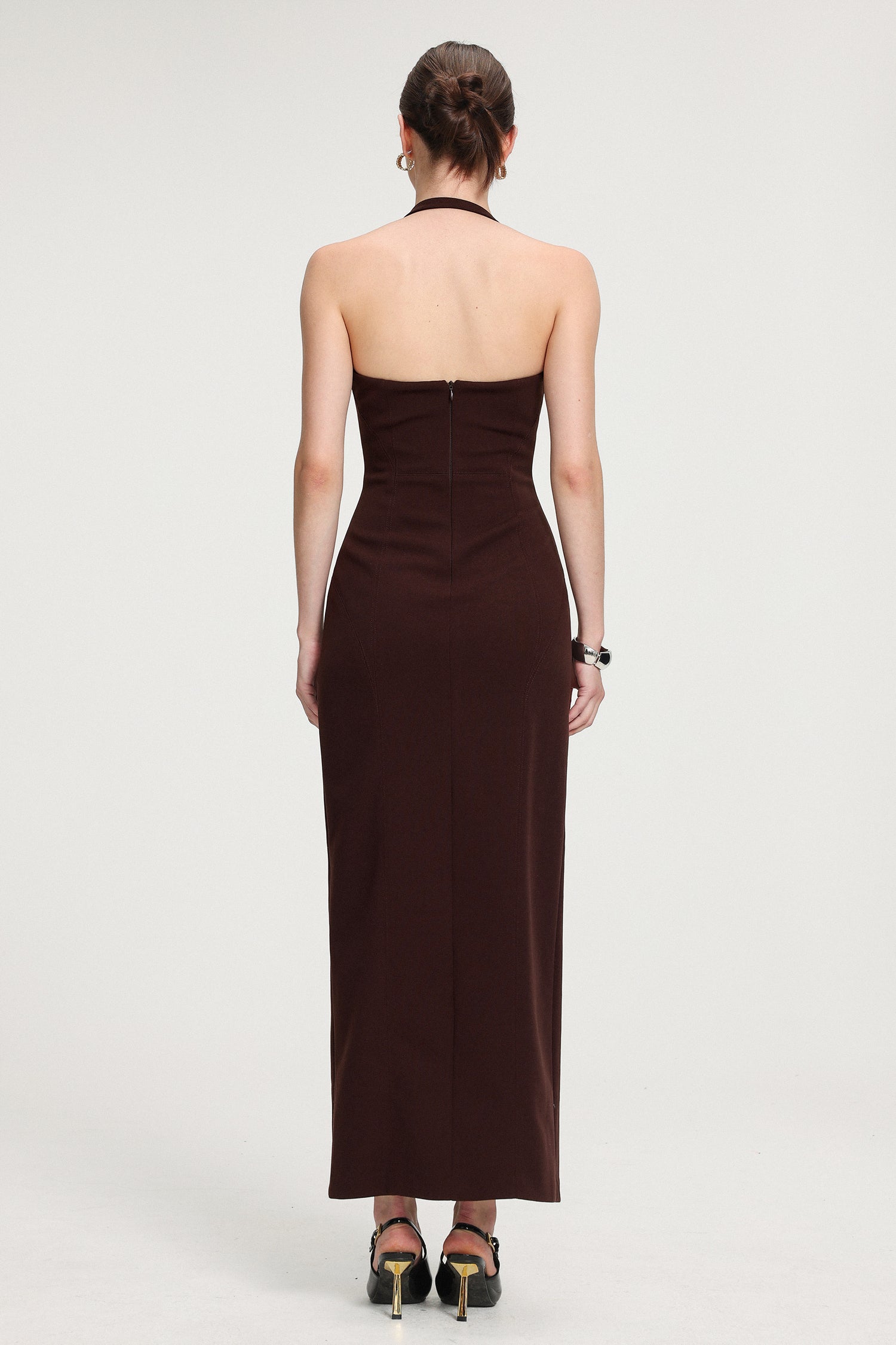 Halter Neck Slit Crepe Maxi Dress	