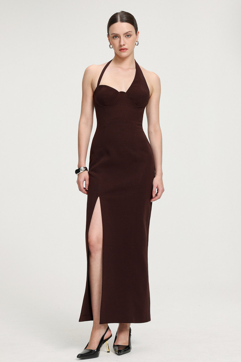 Halter Neck Slit Crepe Maxi Dress	