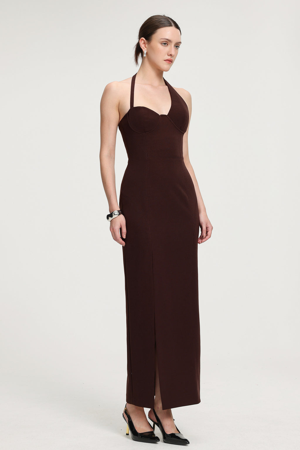 Halter Neck Slit Crepe Maxi Dress	