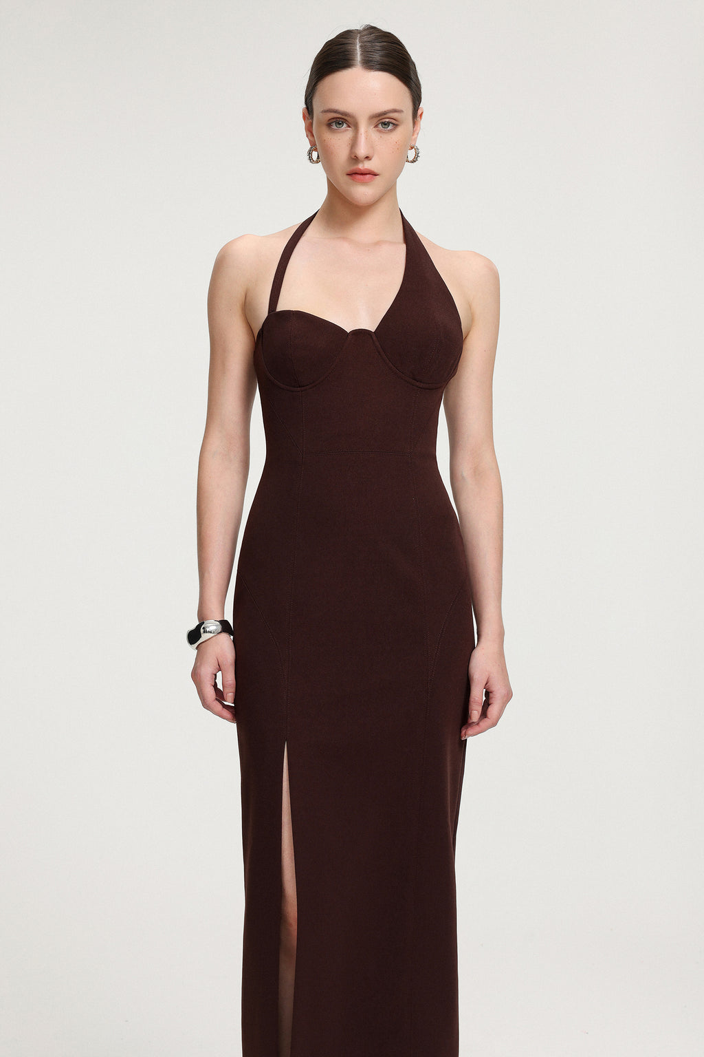Halter Neck Slit Crepe Maxi Dress	