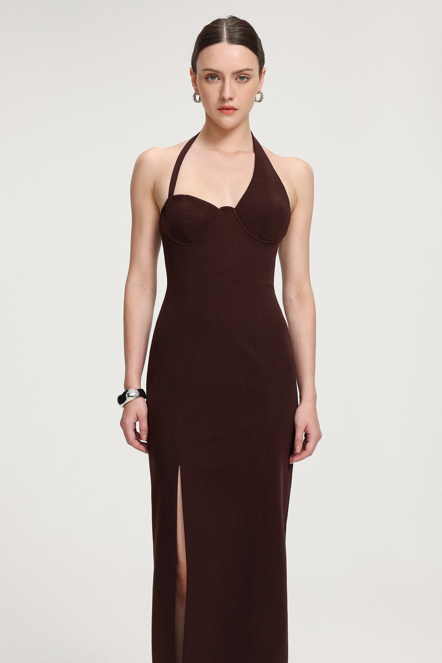 Halter Neck Slit Crepe Maxi Dress	