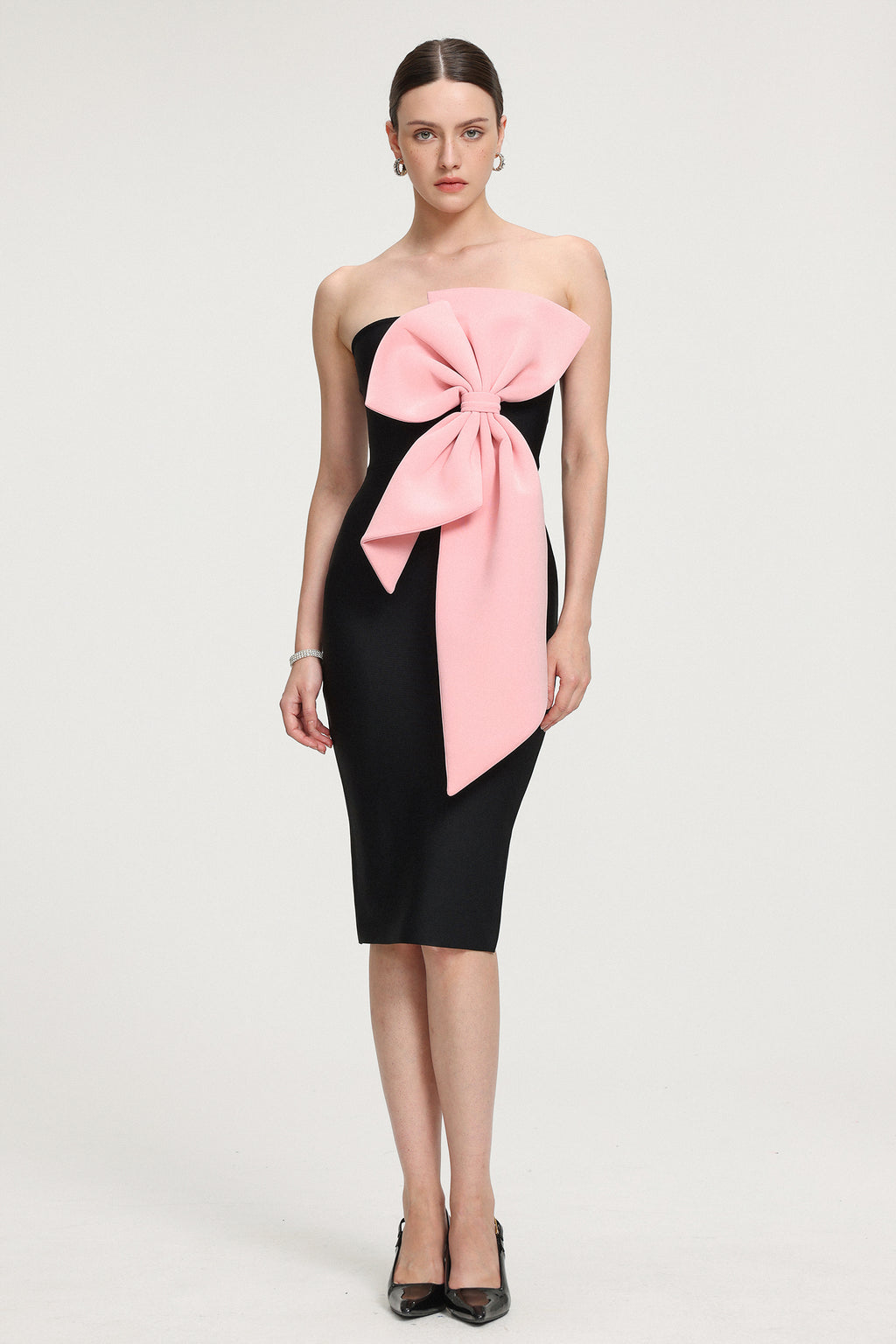 Strapless 3D Bow-Embellished Crepe Midi Dress	