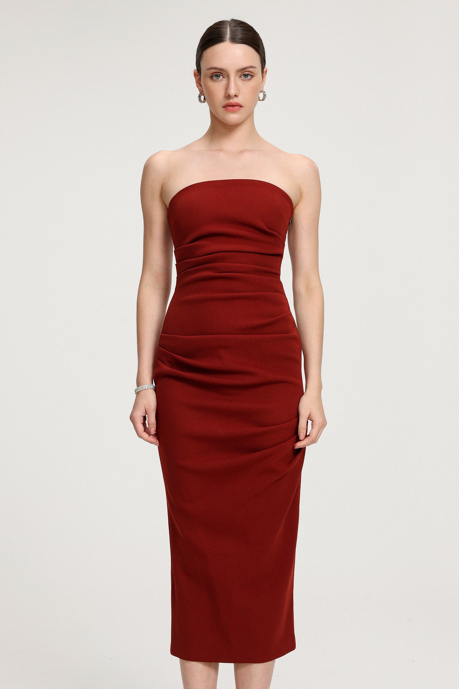 Ruched Strapless Crepe Midi Dress	