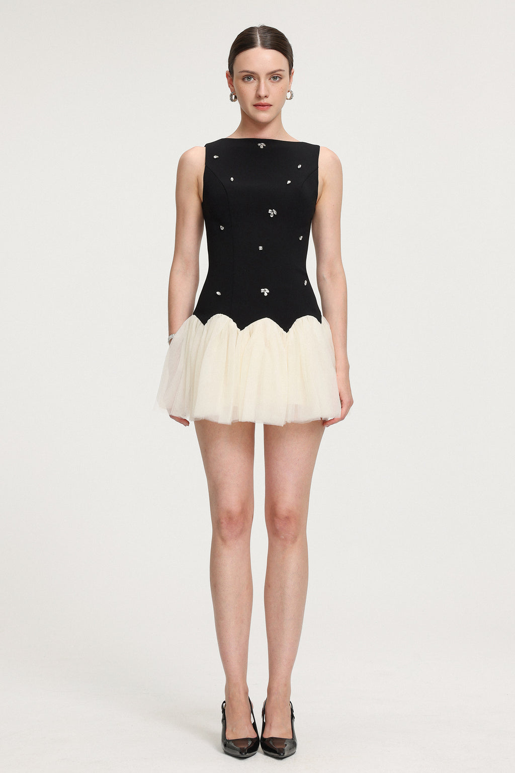 Crystal-Embellished Scallop - Hem Tulle Mini Dress	