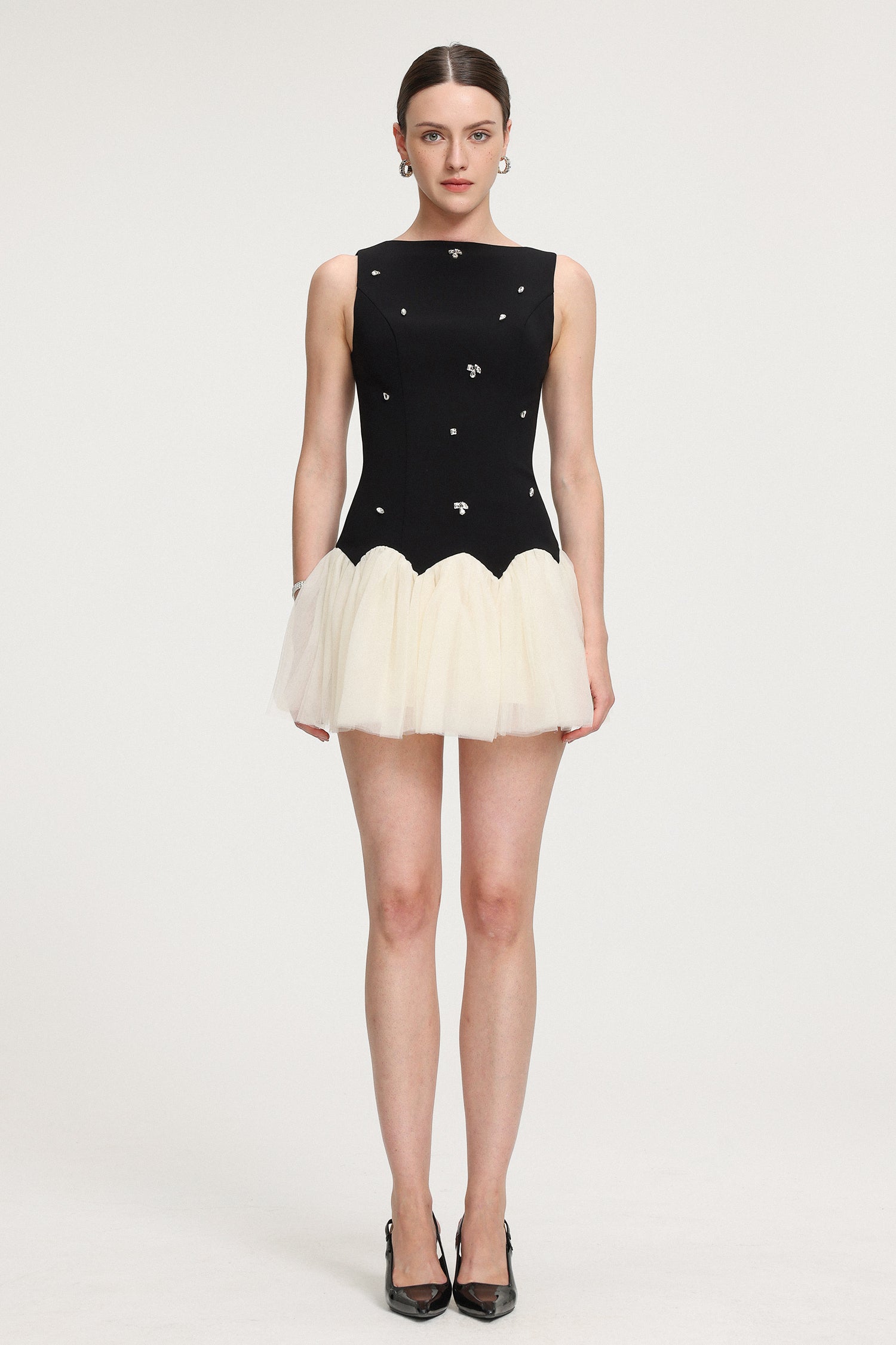 Crystal-Embellished Scallop - Hem Tulle Mini Dress	
