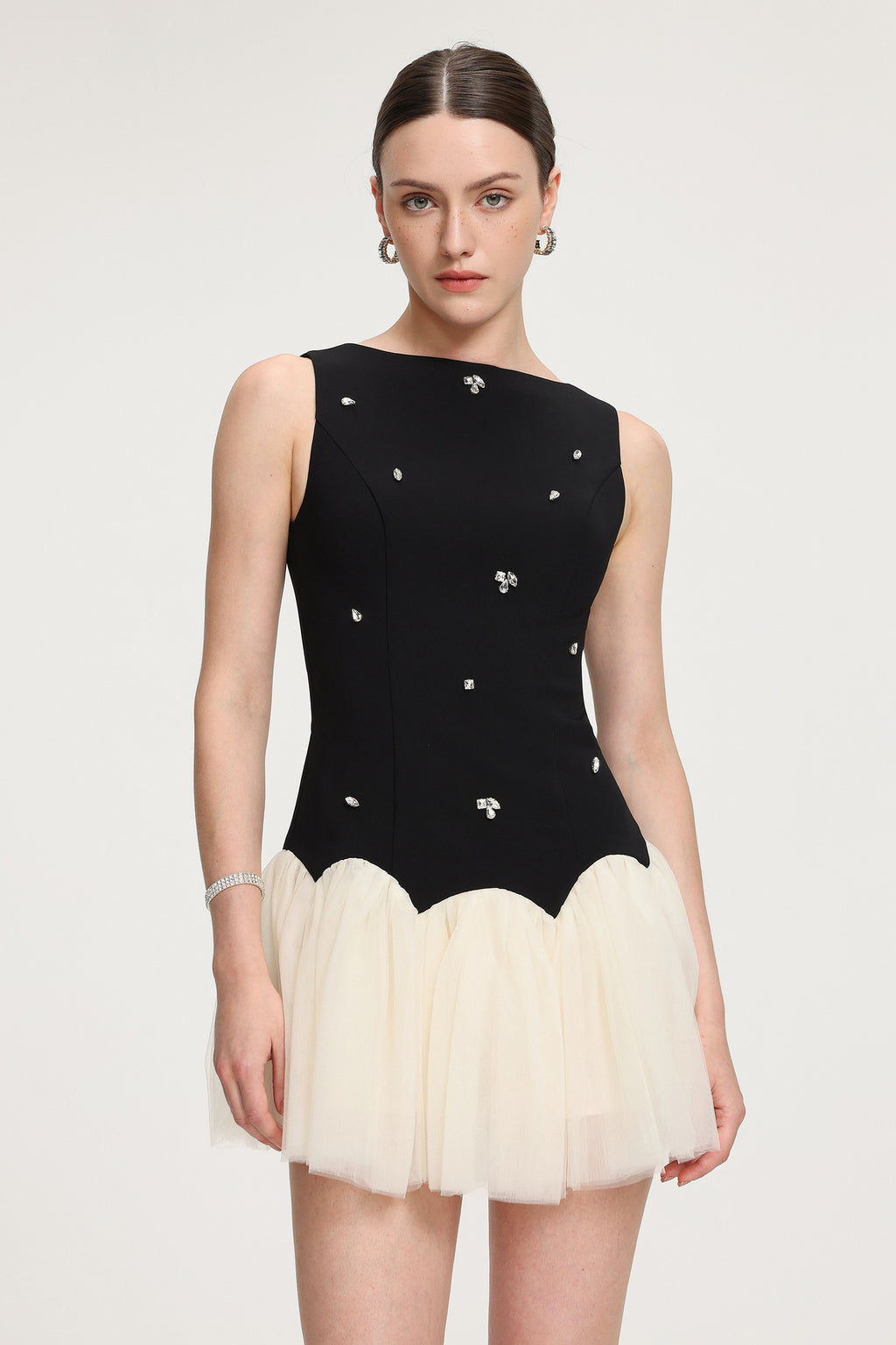 Crystal-Embellished Scallop - Hem Tulle Mini Dress	