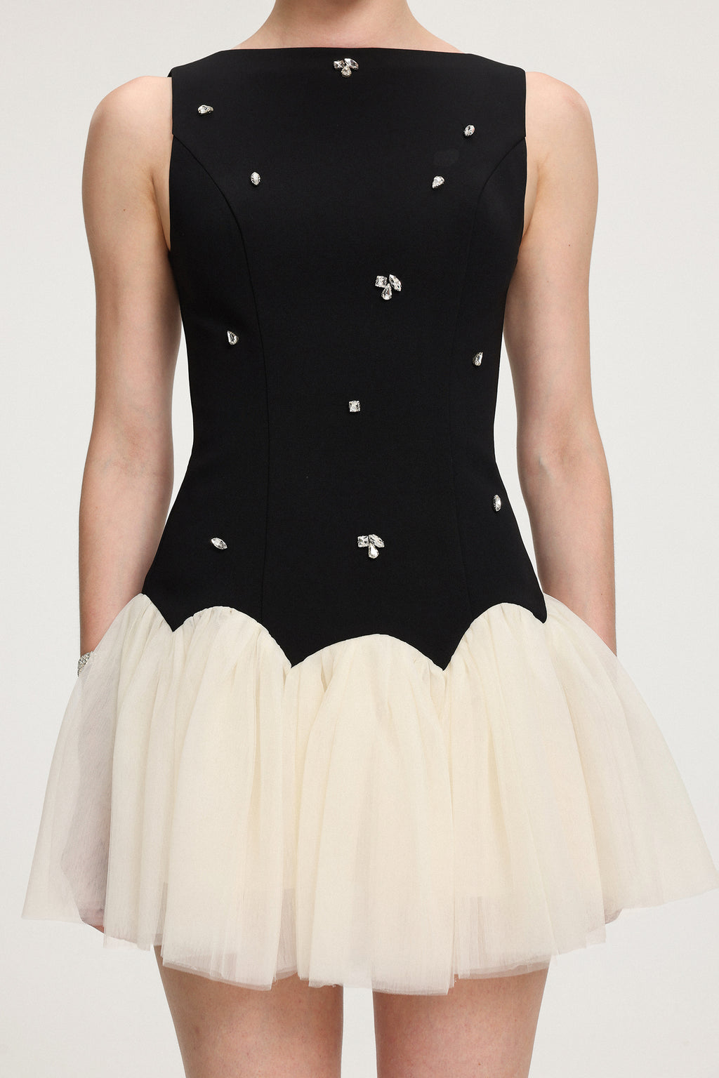 Crystal-Embellished Scallop - Hem Tulle Mini Dress	