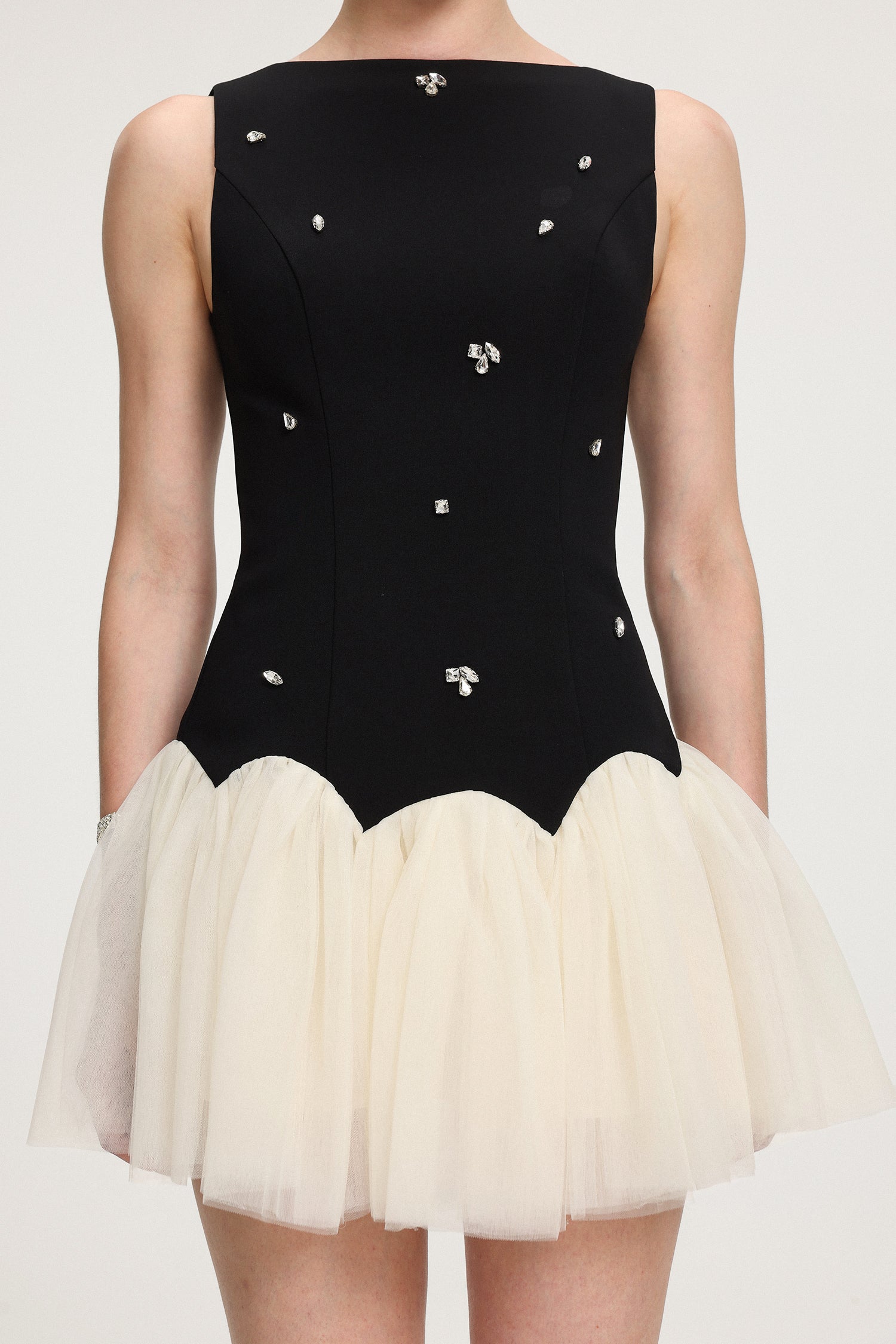 Crystal-Embellished Scallop - Hem Tulle Mini Dress	