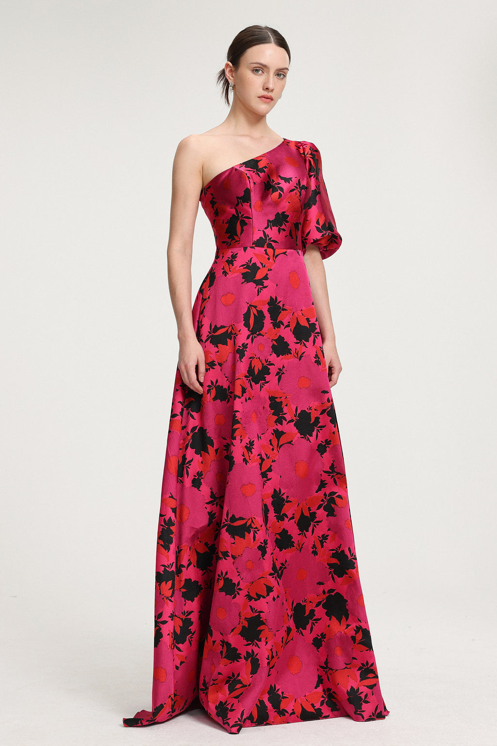 Floral-Printed One-Shoulder Satin Maxi Dress	