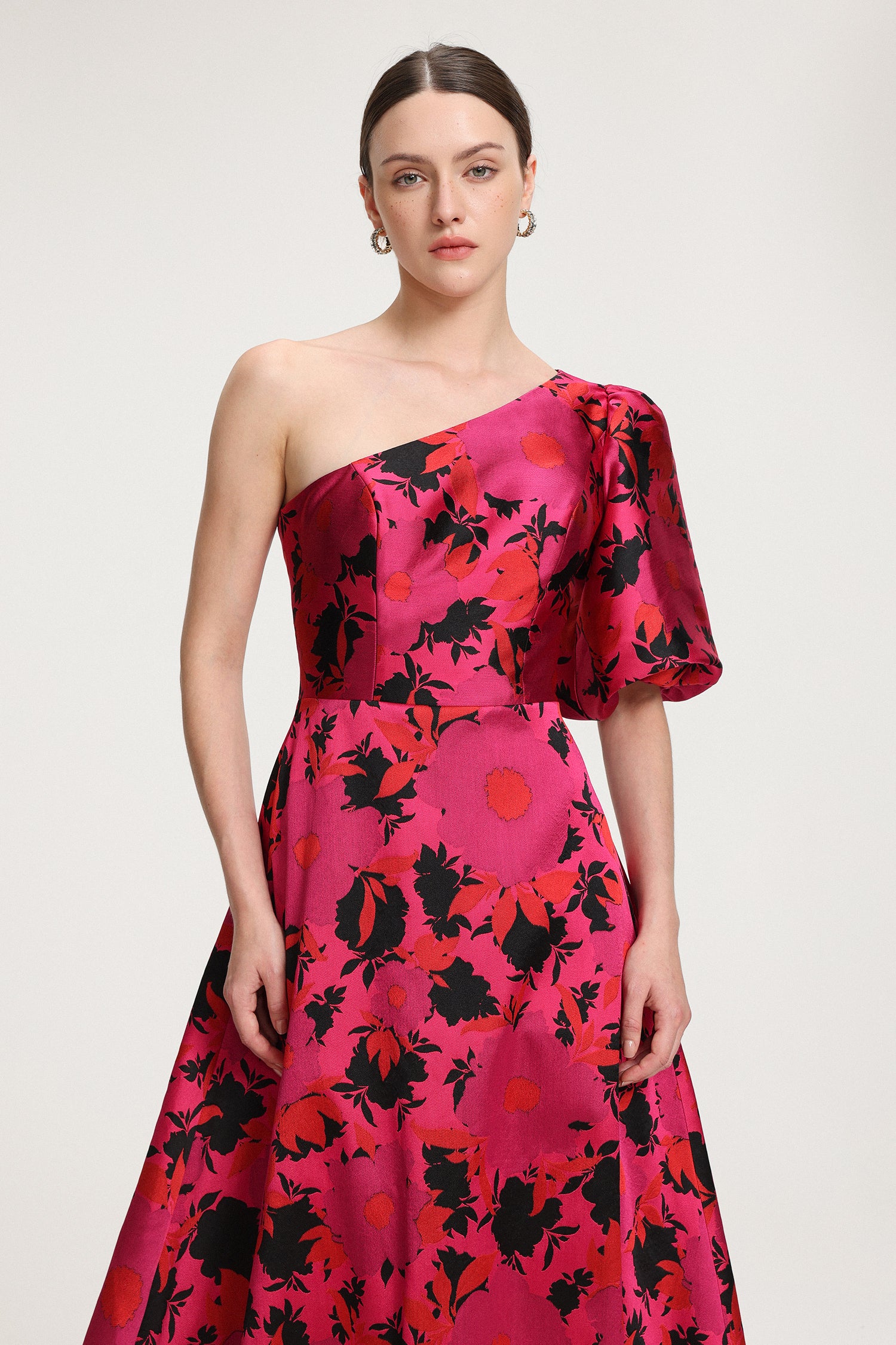 Floral-Printed One-Shoulder Satin Maxi Dress	