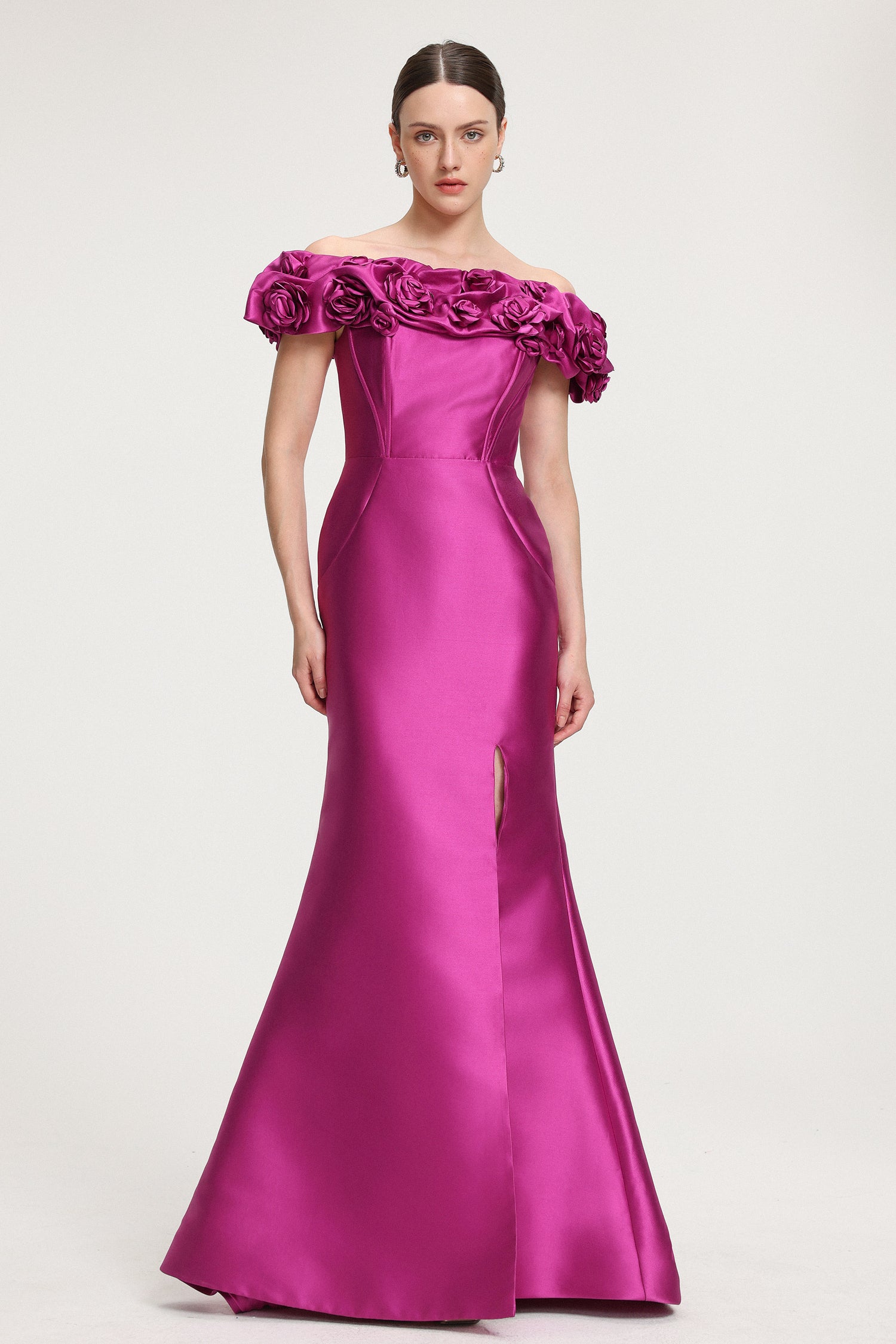 Rose-Embellished Satin Off-Shoulder Maxi Dress	