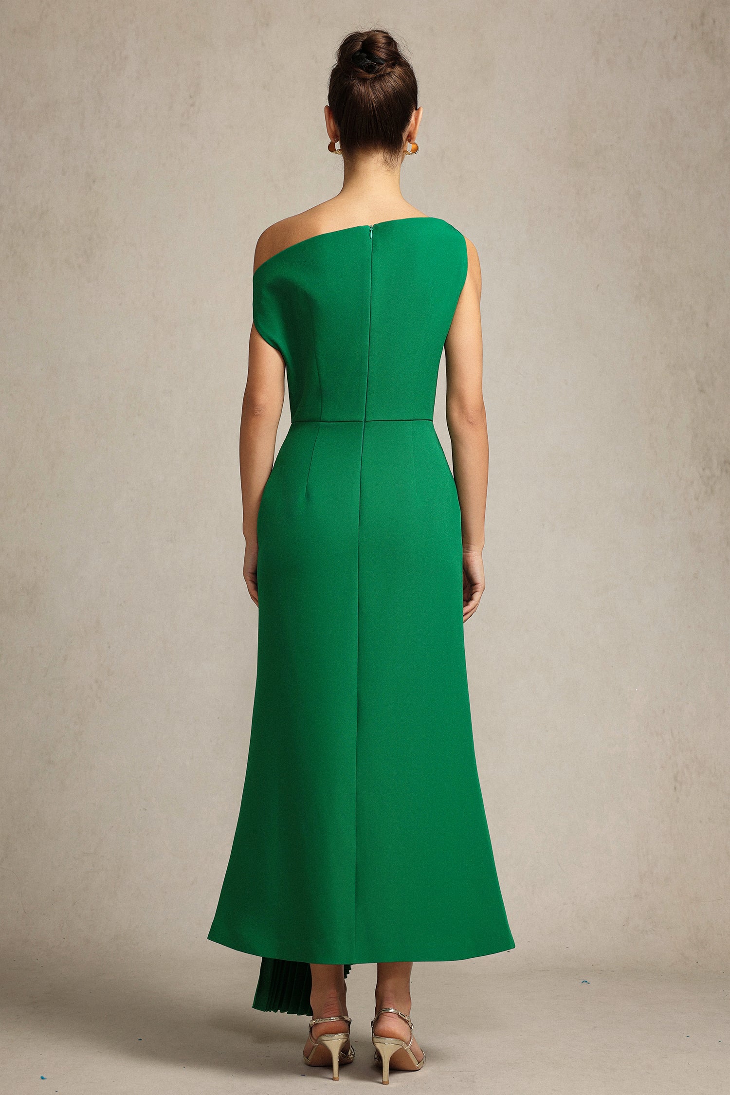 Paulina Oblique Shoulder Sleeveless Folds Green Midi Dress	