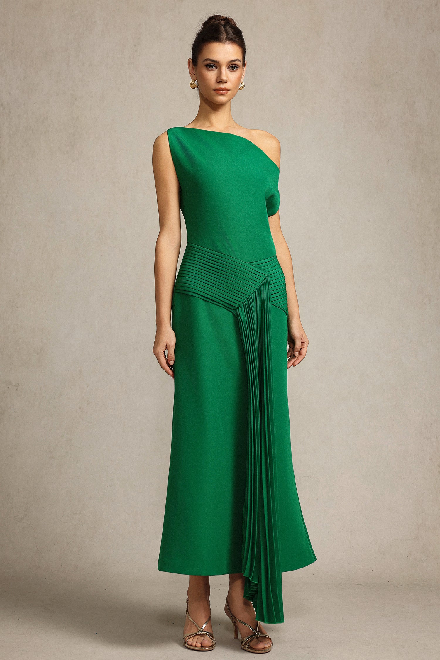 Paulina Oblique Shoulder Sleeveless Folds Green Midi Dress	